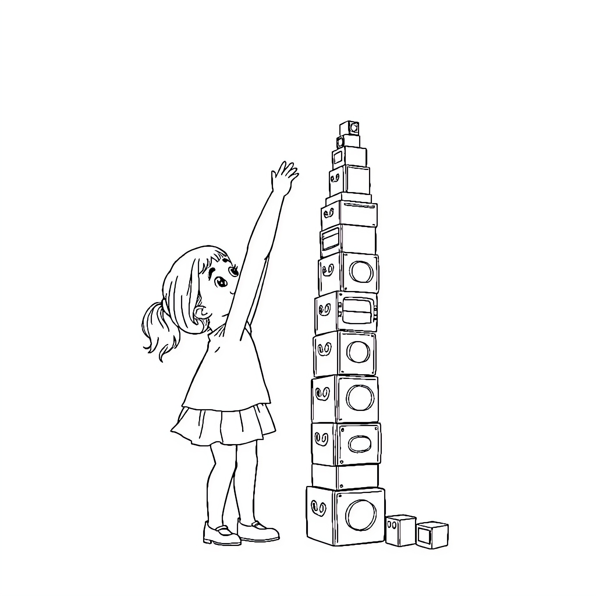 Girl stacking boxes in a tower Coloring Page (free black-and-white line drawing printable PDF for all, from beginners to advanced learners, including children, teens, adults, and seniors)