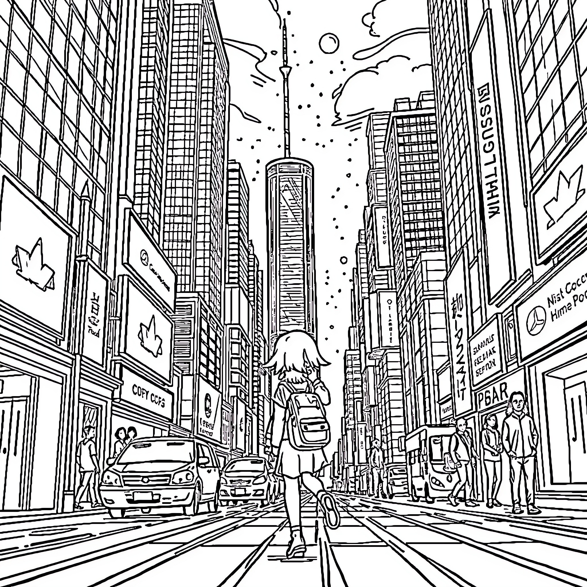 Hina explores the bustling city streets Coloring Page (free black-and-white line drawing printable PDF for all, from beginners to advanced learners, including children, teens, adults, and seniors)