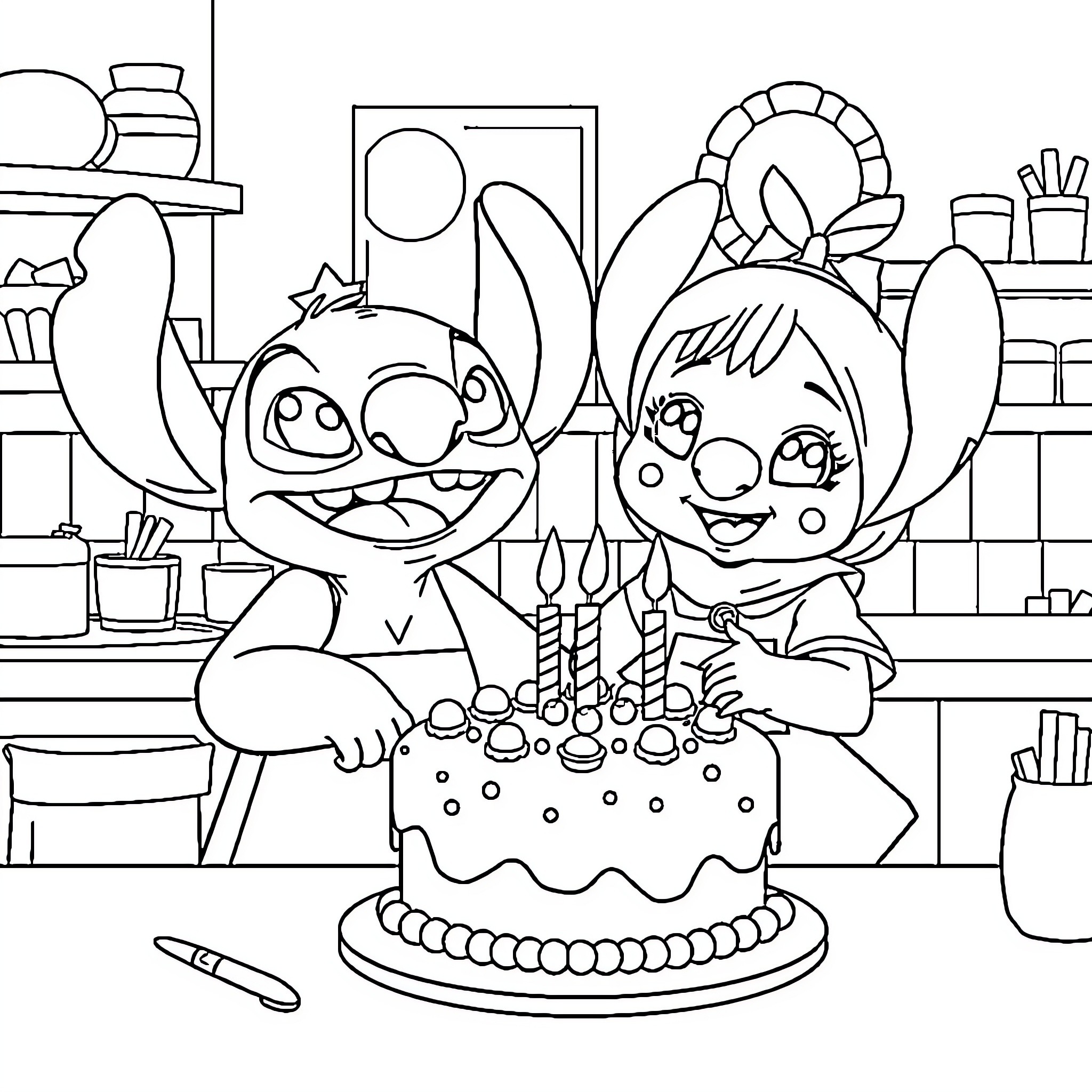 Masha and Stitch celebrate with a birthday cake Coloring Page (free black-and-white line drawing printable PDF for all, from beginners to advanced learners, including children, teens, adults, and seniors)