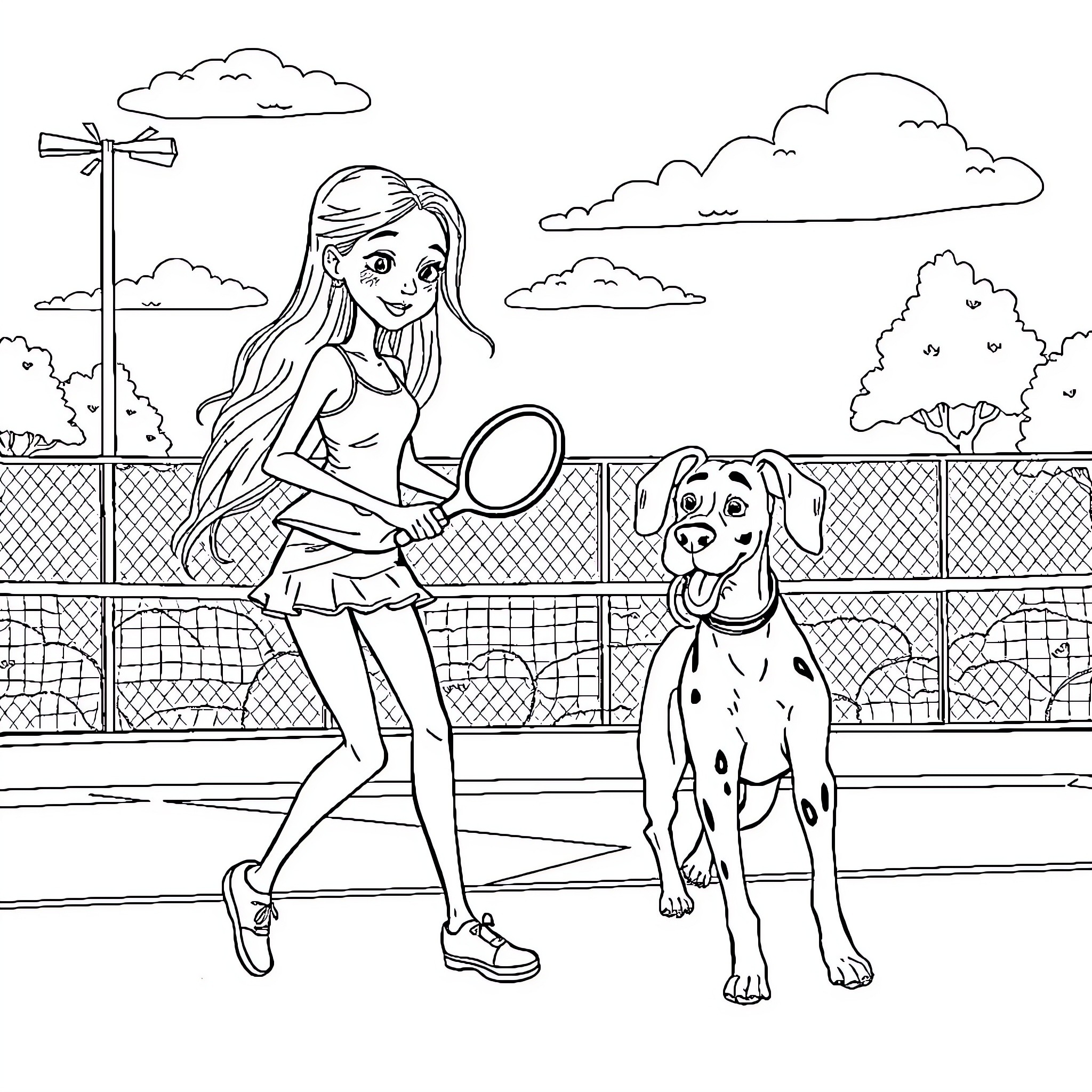 Girl playing with dog on tennis court Coloring Page (free black-and-white line drawing printable PDF for all, from beginners to advanced learners, including children, teens, adults, and seniors)