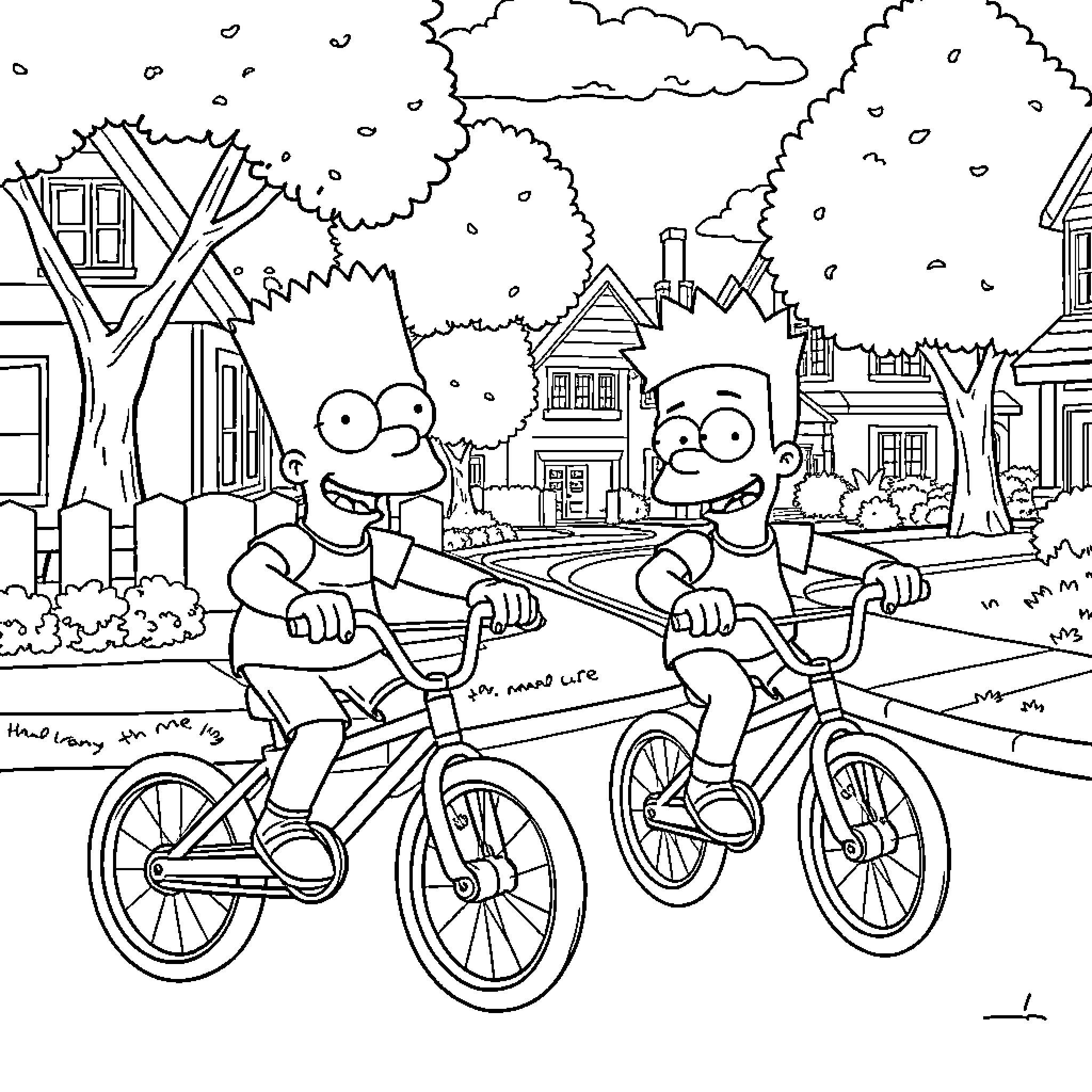 BMX riders performing stunts in a neighborhood Coloring Page (free black-and-white line drawing printable PDF for all, from beginners to advanced learners, including children, teens, adults, and seniors)