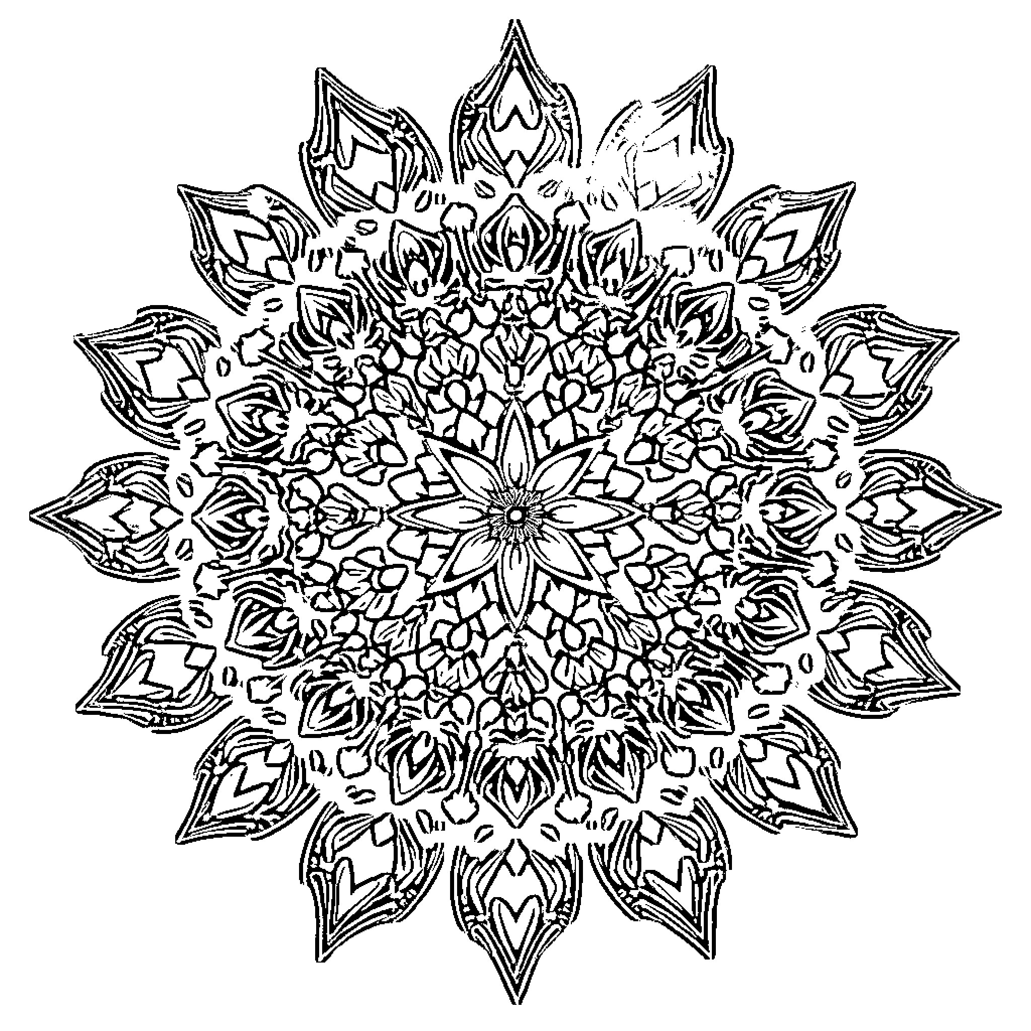 Mandala with intricate floral patterns Coloring Page (free black-and-white line drawing printable PDF for all, from beginners to advanced learners, including children, teens, adults, and seniors)
