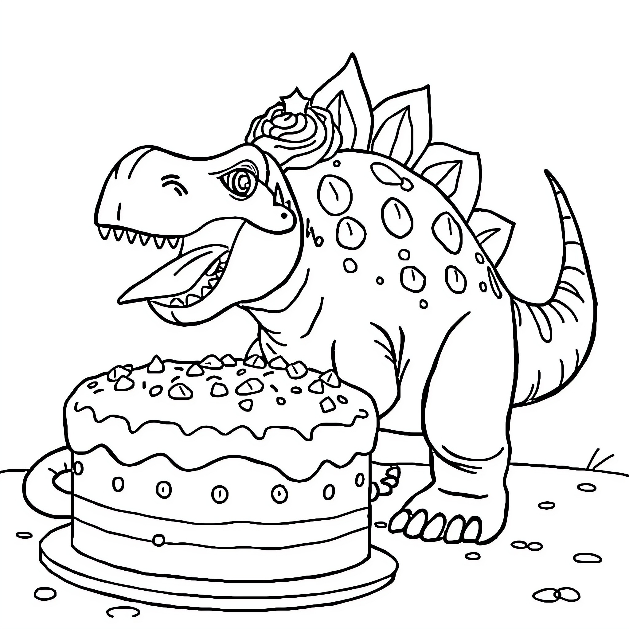 Stegosaurus enjoying a birthday cake Coloring Page (free black-and-white line drawing printable PDF for all, from beginners to advanced learners, including children, teens, adults, and seniors)