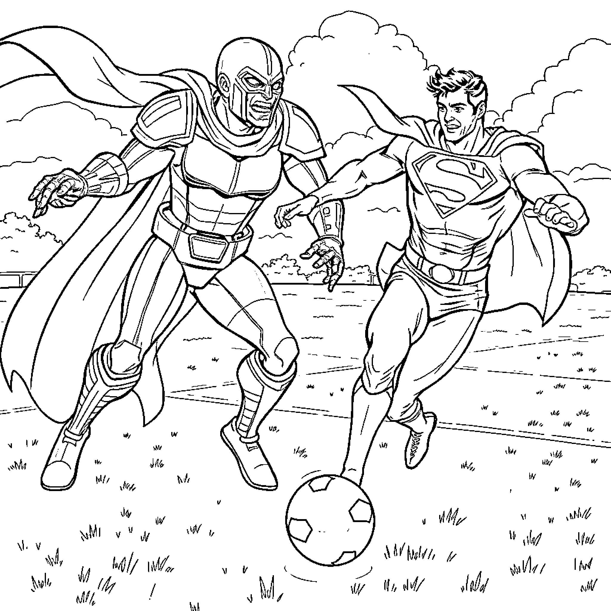 Superman and superhero confronting in an outdoor scene Coloring Page (free black-and-white line drawing printable PDF for all, from beginners to advanced learners, including children, teens, adults, and seniors)