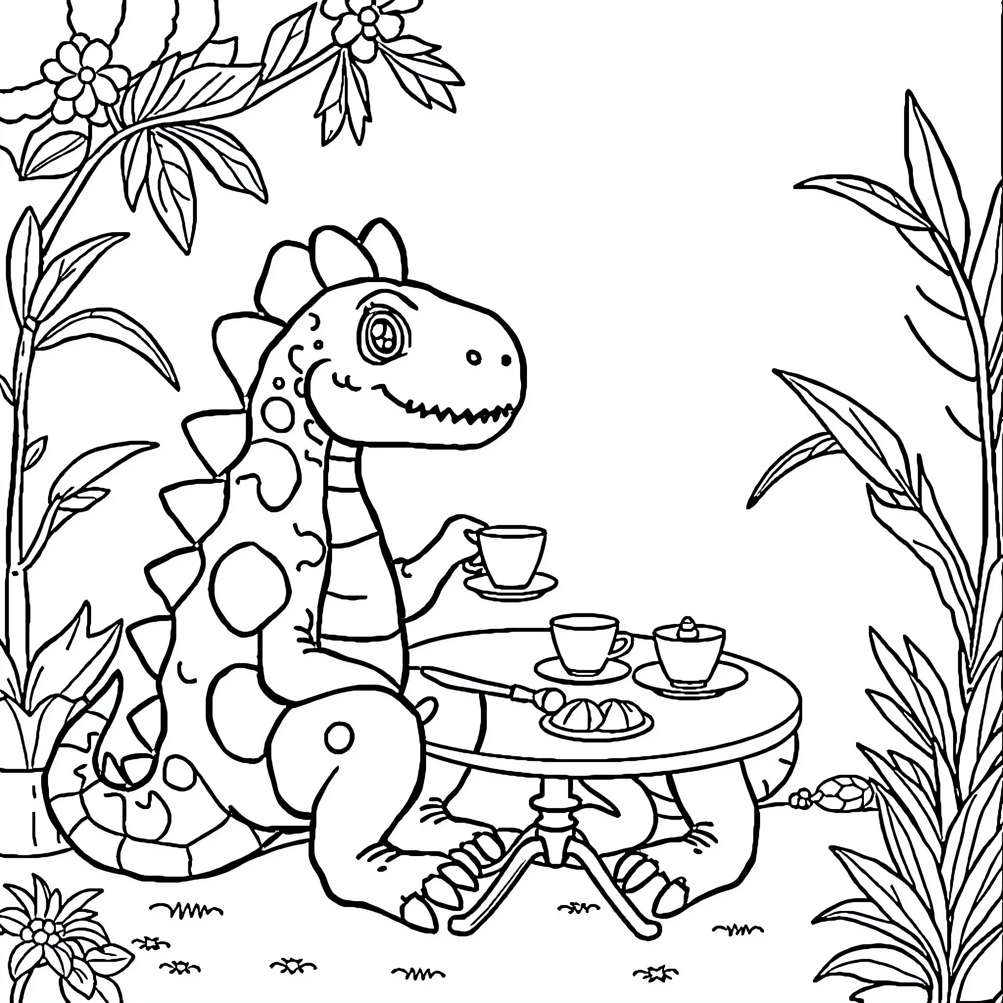 Dinosaur enjoying tea in the garden Coloring Page (free black-and-white line drawing printable PDF for all, from beginners to advanced learners, including children, teens, adults, and seniors)