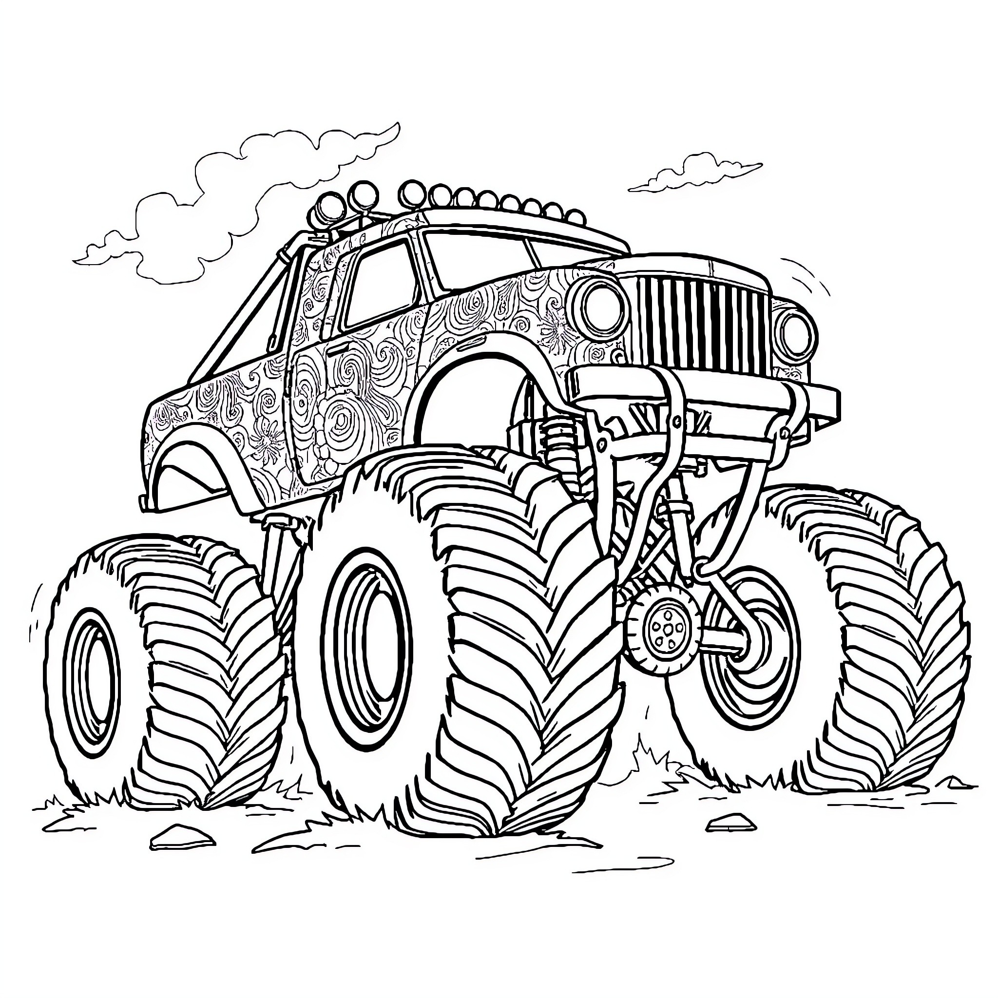 Monster Truck Crushing Over Obstacles Coloring Page (free black-and-white line drawing printable PDF for all, from beginners to advanced learners, including children, teens, adults, and seniors)