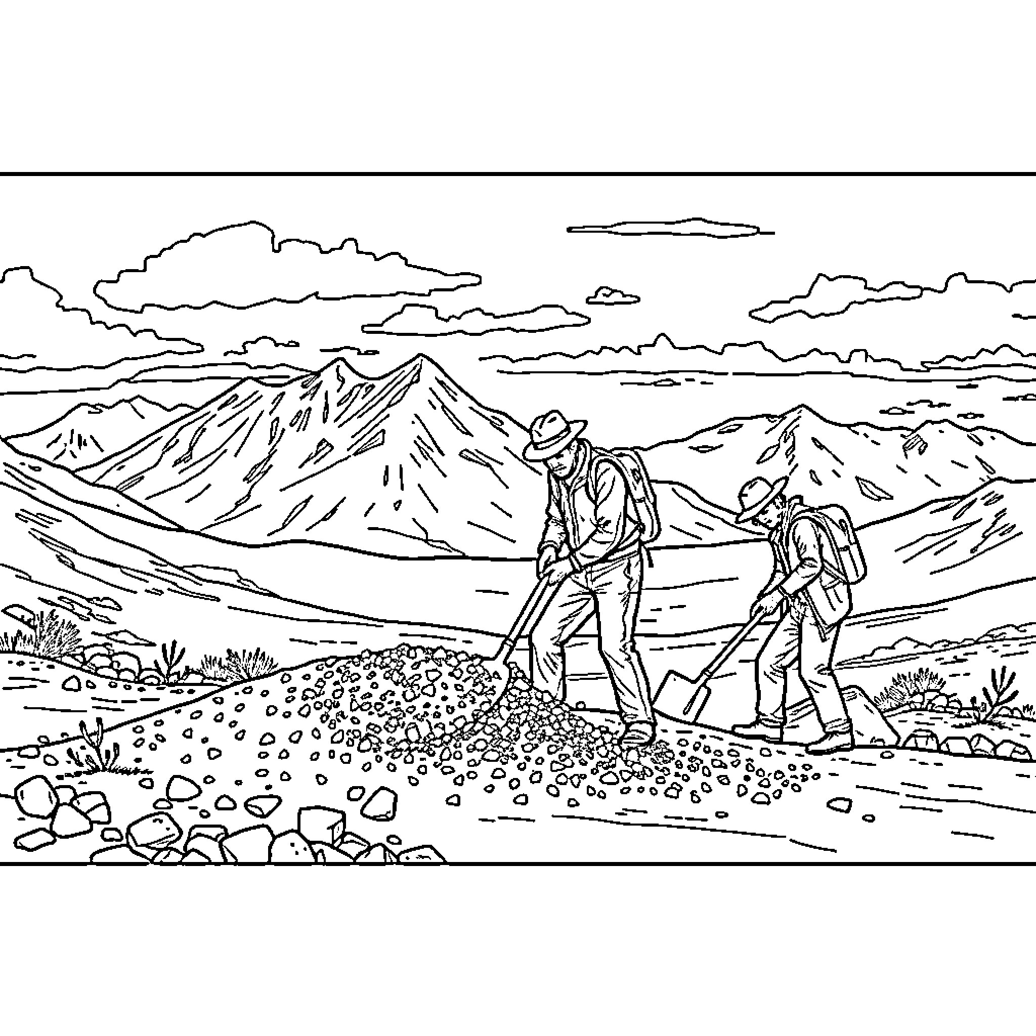 Gravel Trail Trekkers Explore Rugged Mountain Landscape Coloring Page (free black-and-white line drawing printable PDF for all, from beginners to advanced learners, including children, teens, adults, and seniors)