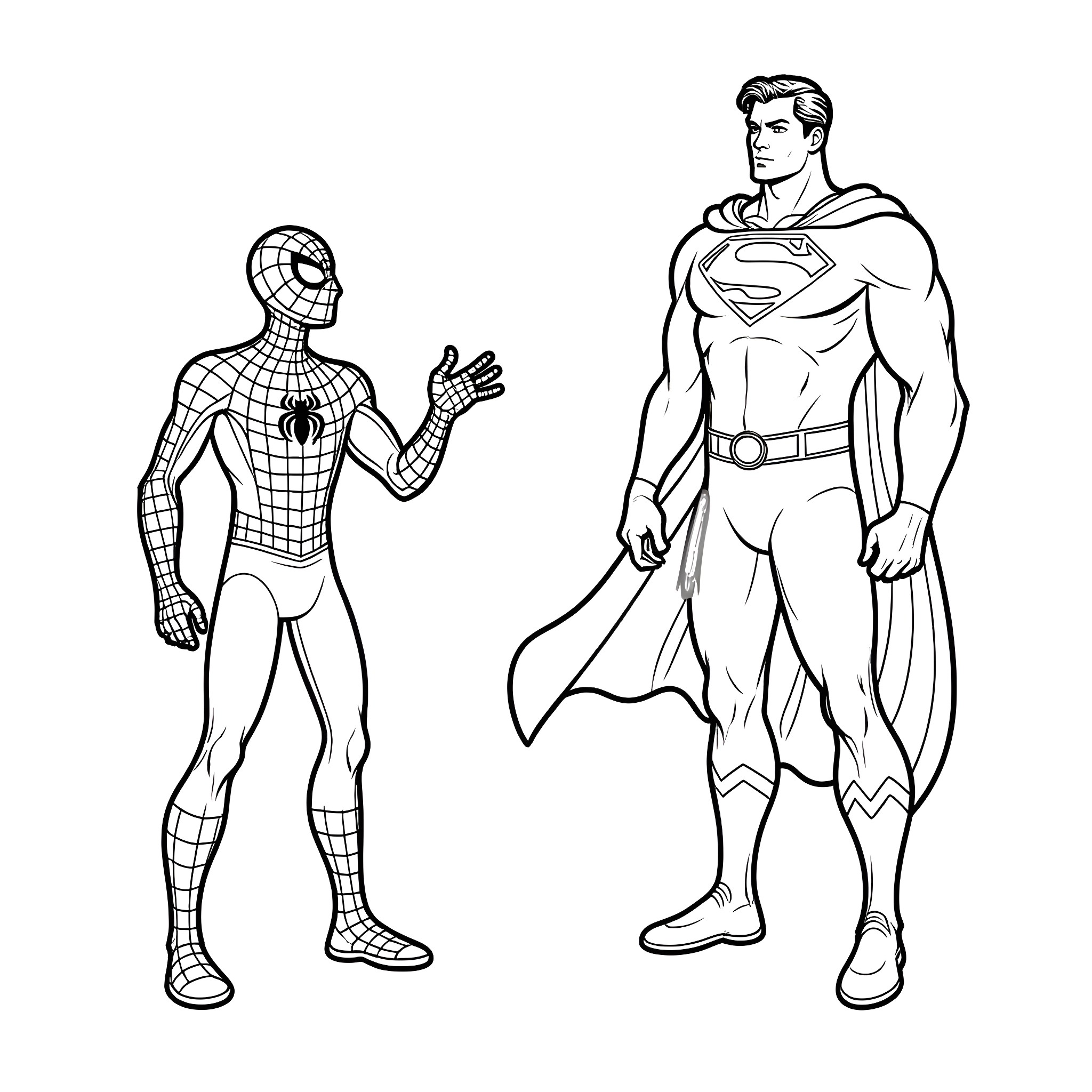 Spiderman and Superman in heroic poses Coloring Page (free black-and-white line drawing printable PDF for all, from beginners to advanced learners, including children, teens, adults, and seniors)