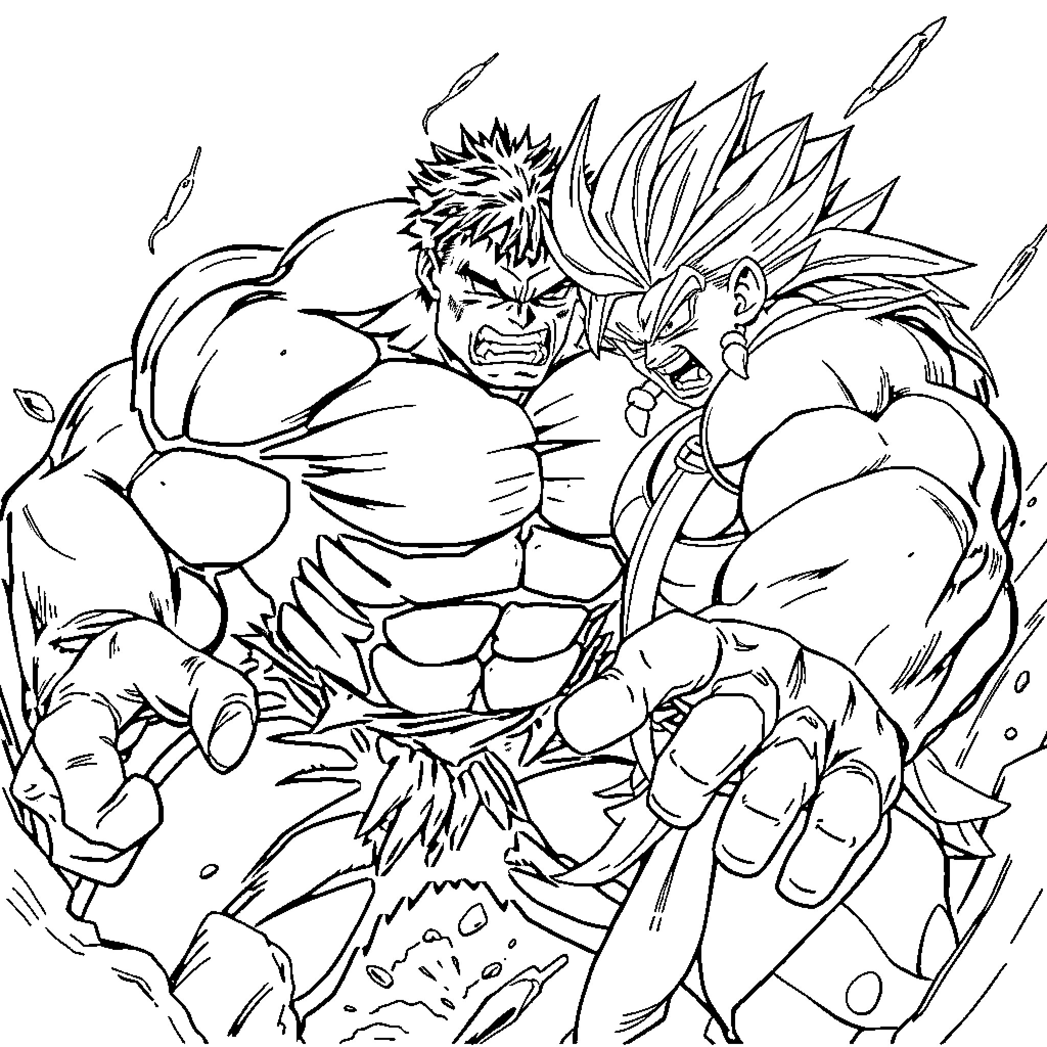 Hulk Smashing Through Debris and Destruction Coloring Page (free black-and-white line drawing printable PDF for all, from beginners to advanced learners, including children, teens, adults, and seniors)
