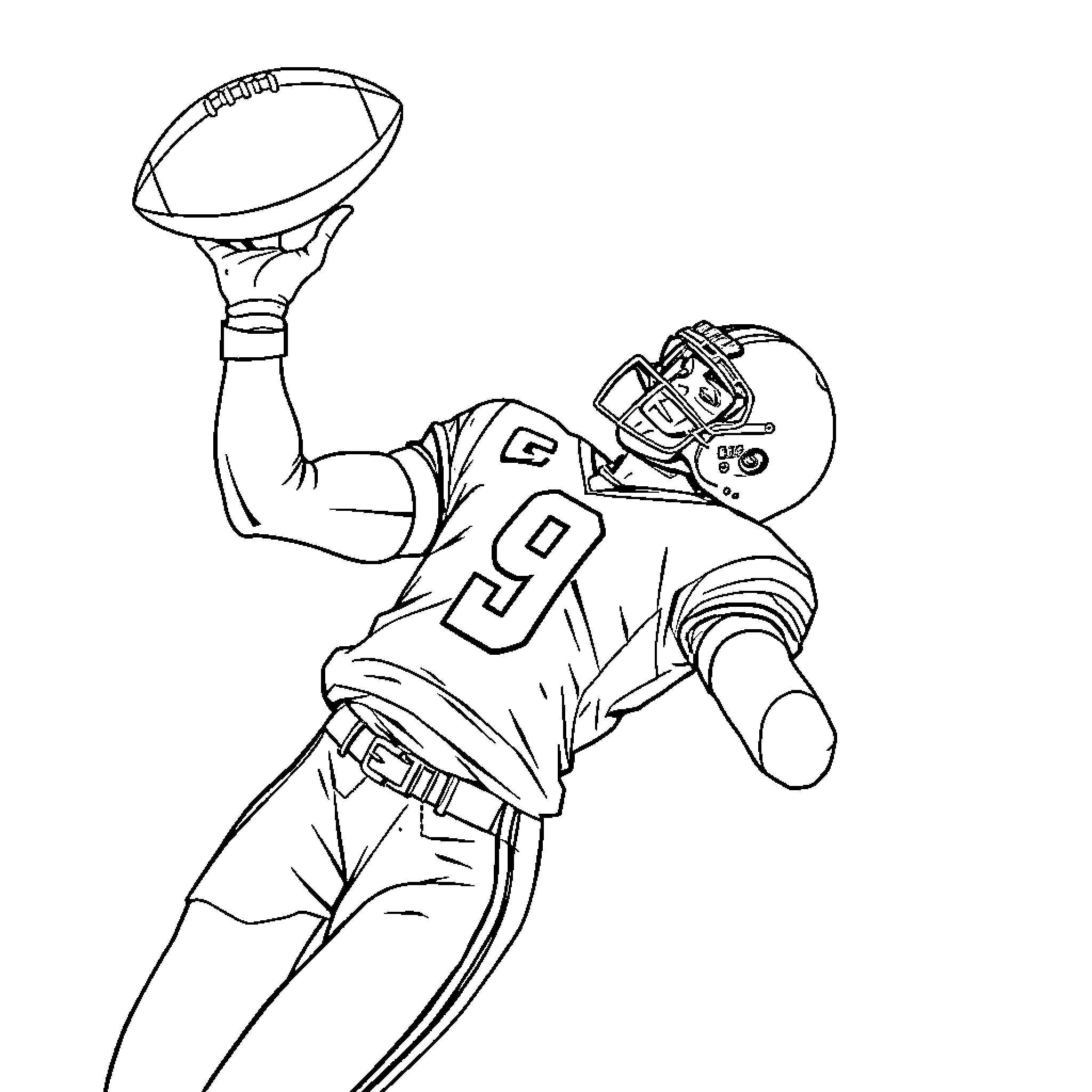 Football Player Catching a Touchdown Pass Coloring Page (free black-and-white line drawing printable PDF for all, from beginners to advanced learners, including children, teens, adults, and seniors)