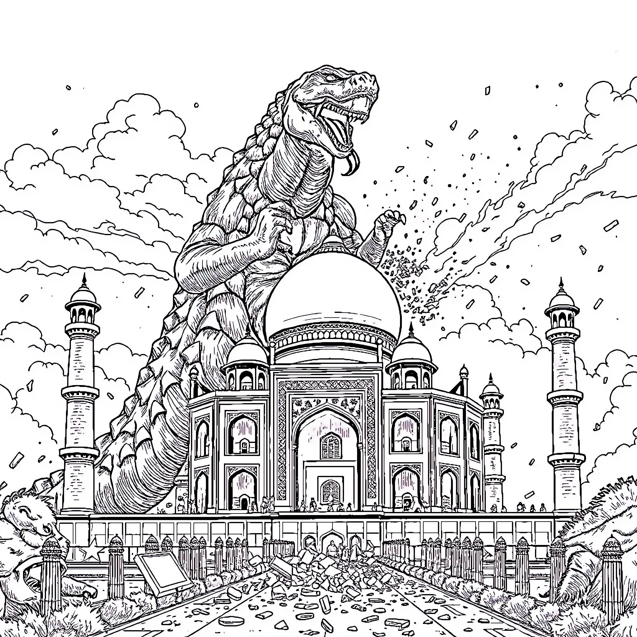 Godzilla Attacks the Taj Mahal with Ferocity Coloring Page (free black-and-white line drawing printable PDF for all, from beginners to advanced learners, including children, teens, adults, and seniors)