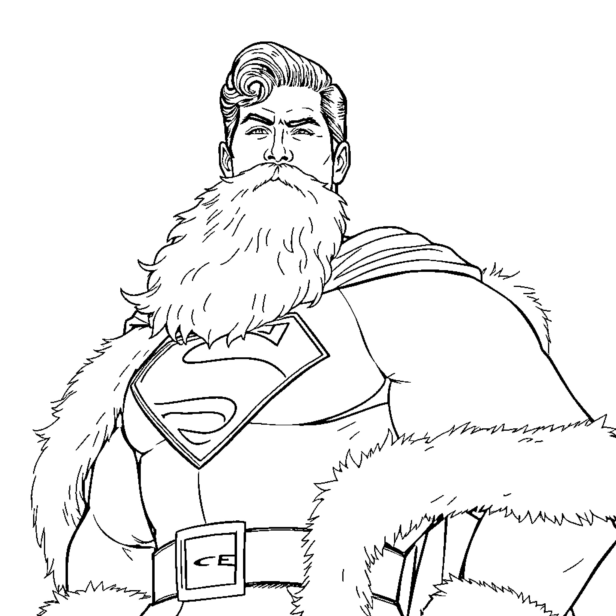 Superman in Fur-Lined Costume Strikes a Heroic Pose Coloring Page (free black-and-white line drawing printable PDF for all, from beginners to advanced learners, including children, teens, adults, and seniors)