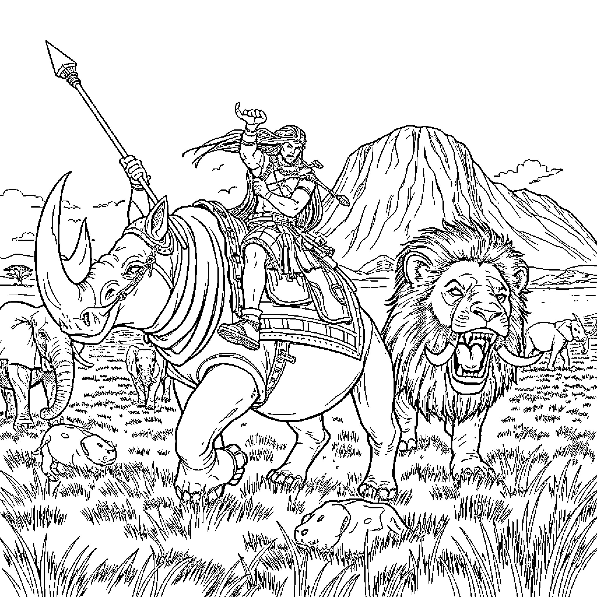Barbarian Warrior Riding Rhino Amidst Fierce Lions Coloring Page (free black-and-white line drawing printable PDF for all, from beginners to advanced learners, including children, teens, adults, and seniors)