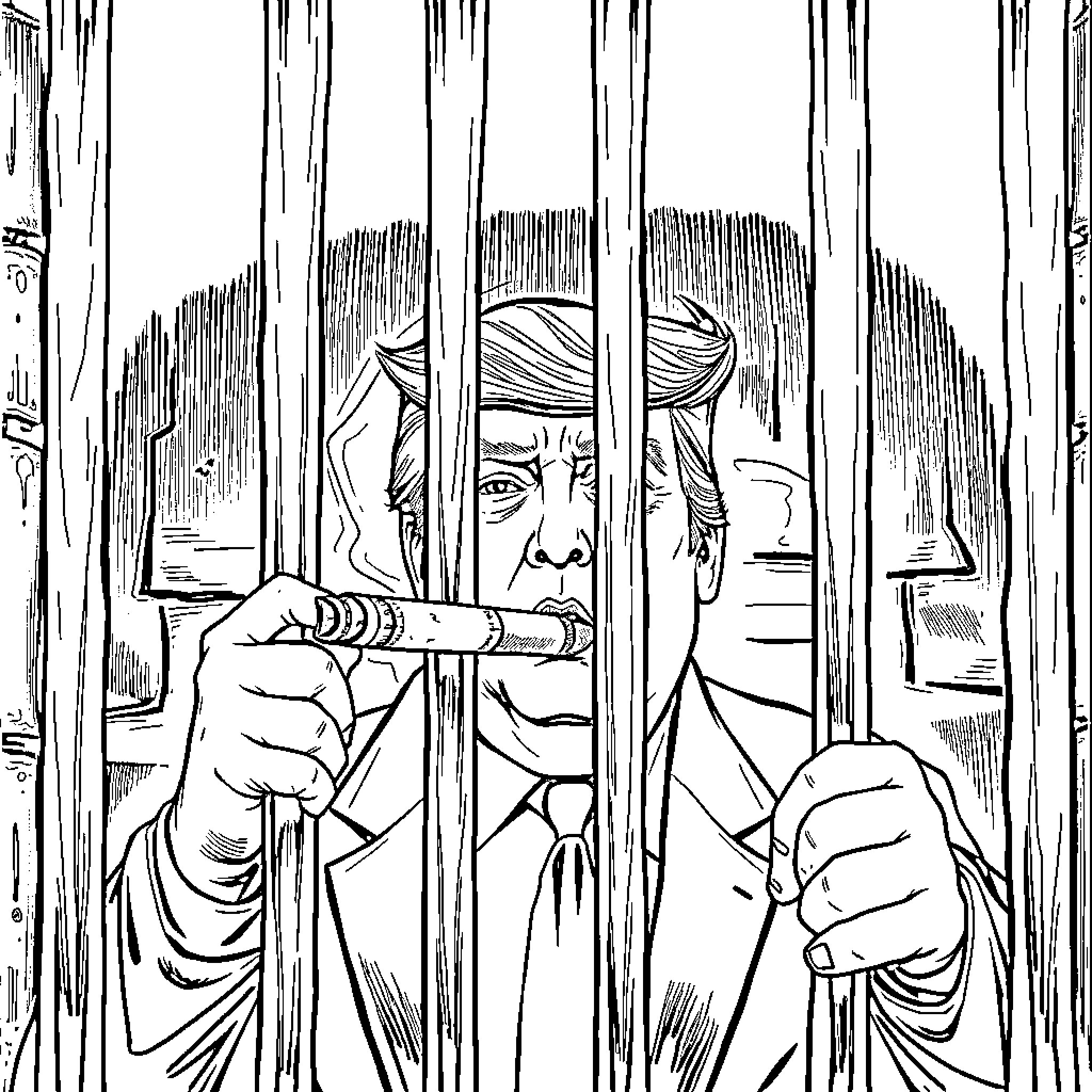 Trump behind bars in a dire situation Coloring Page (free black-and-white line drawing printable PDF for all, from beginners to advanced learners, including children, teens, adults, and seniors)
