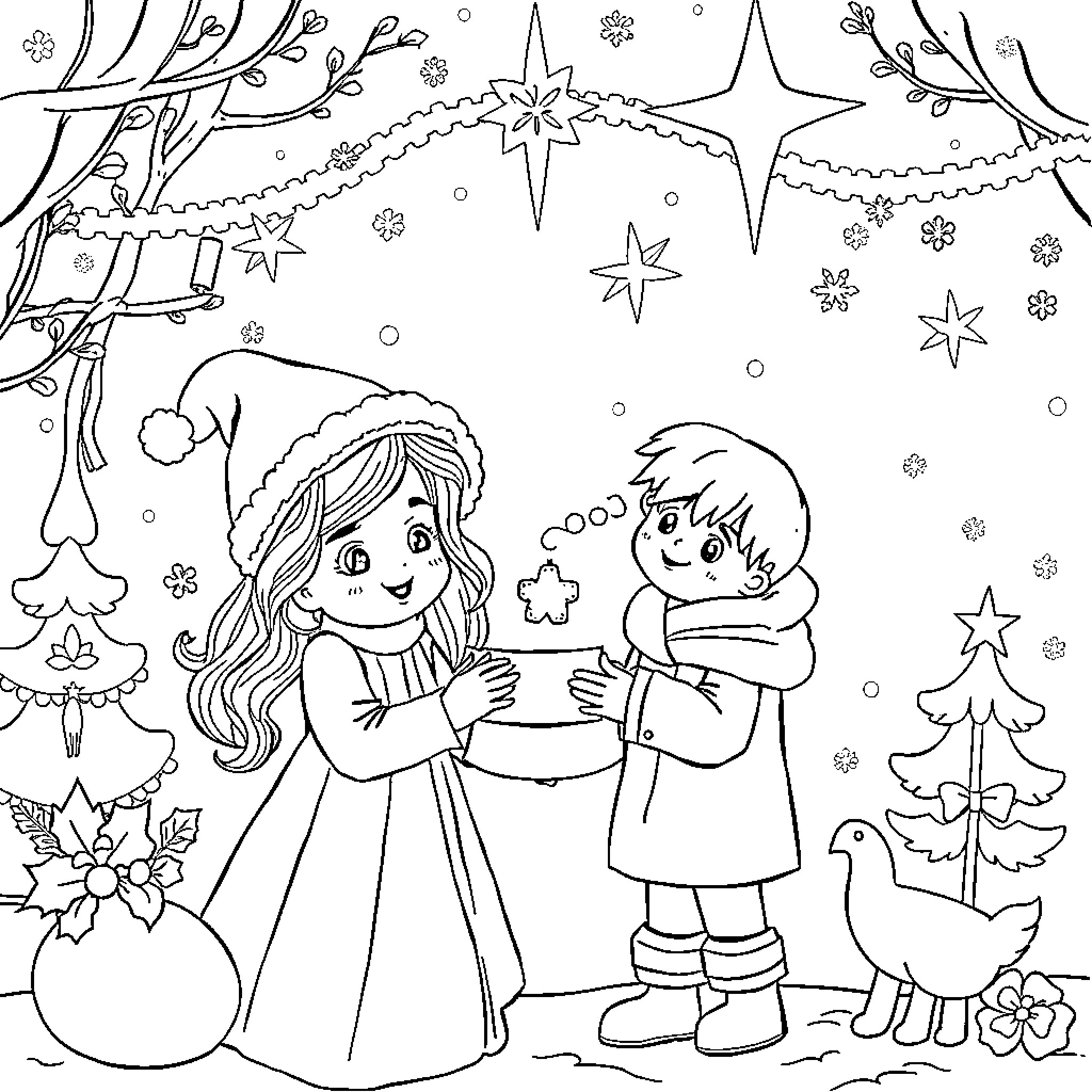 Christmas Story: Children Sharing Gifts in Wintry Scene Coloring Page (free black-and-white line drawing printable PDF for all, from beginners to advanced learners, including children, teens, adults, and seniors)