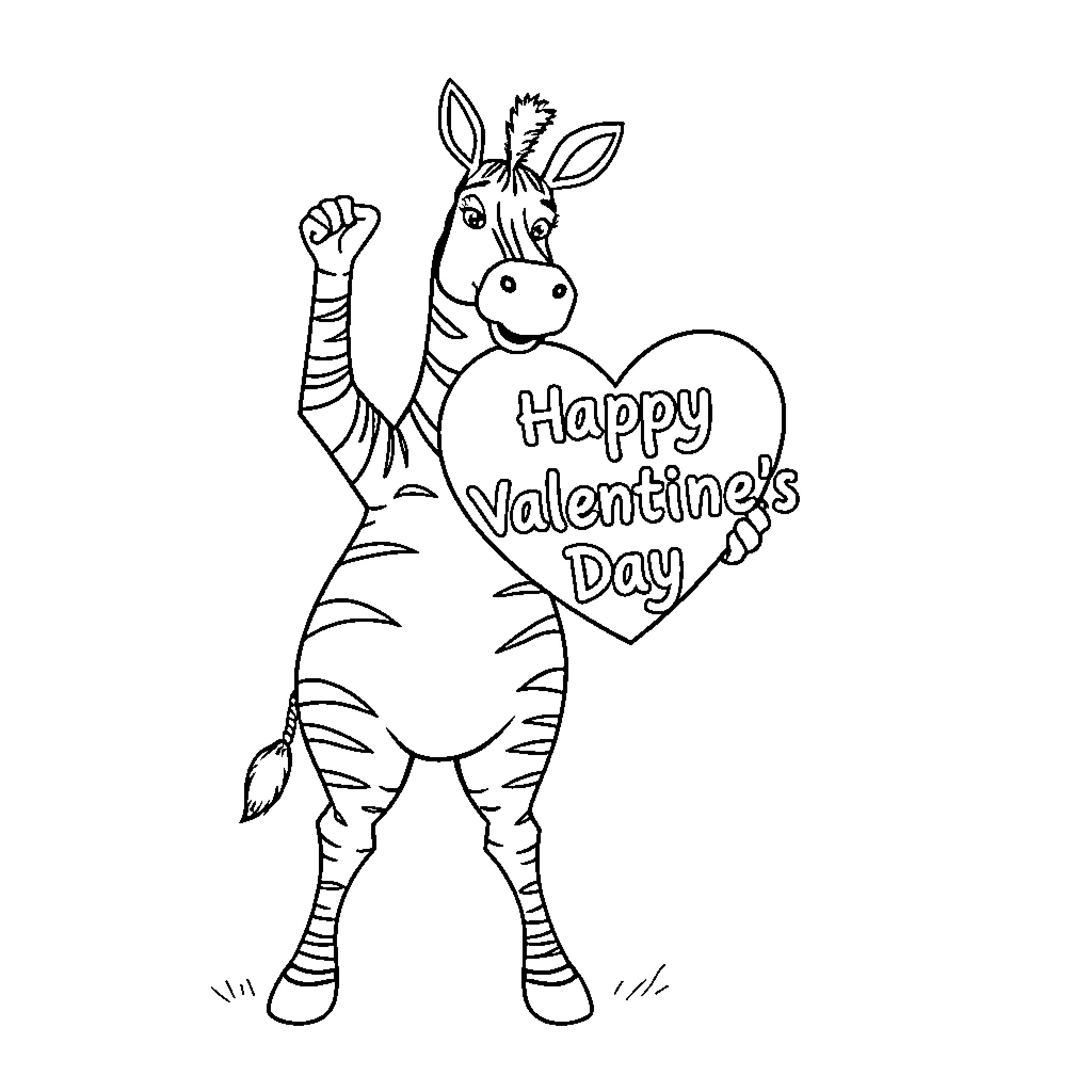 Zebra holding a Valentine's Day heart Coloring Page (free black-and-white line drawing printable PDF for all, from beginners to advanced learners, including children, teens, adults, and seniors)