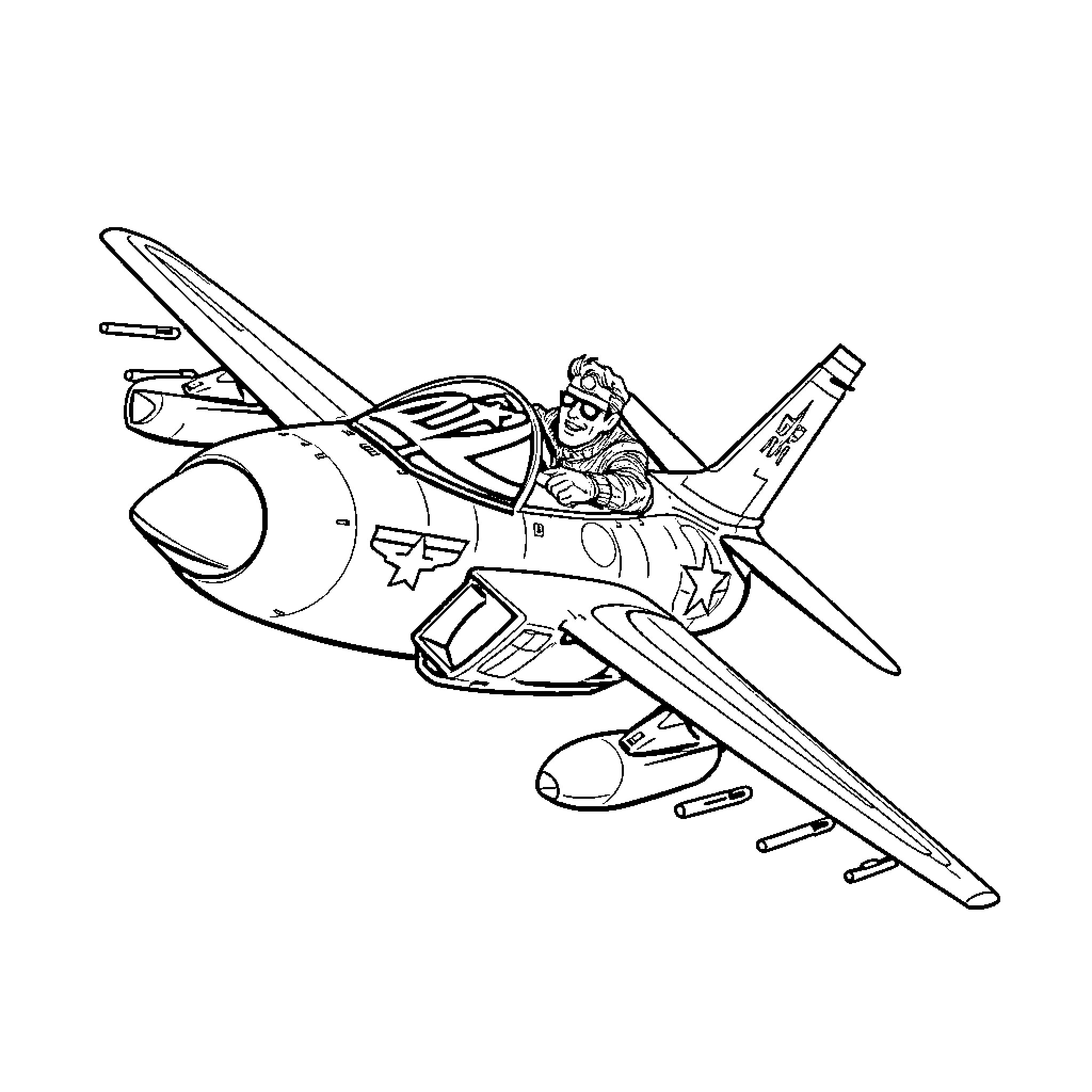 Maverick's Aerial Maneuvers in Jet Fighter Coloring Page (free black-and-white line drawing printable PDF for all, from beginners to advanced learners, including children, teens, adults, and seniors)