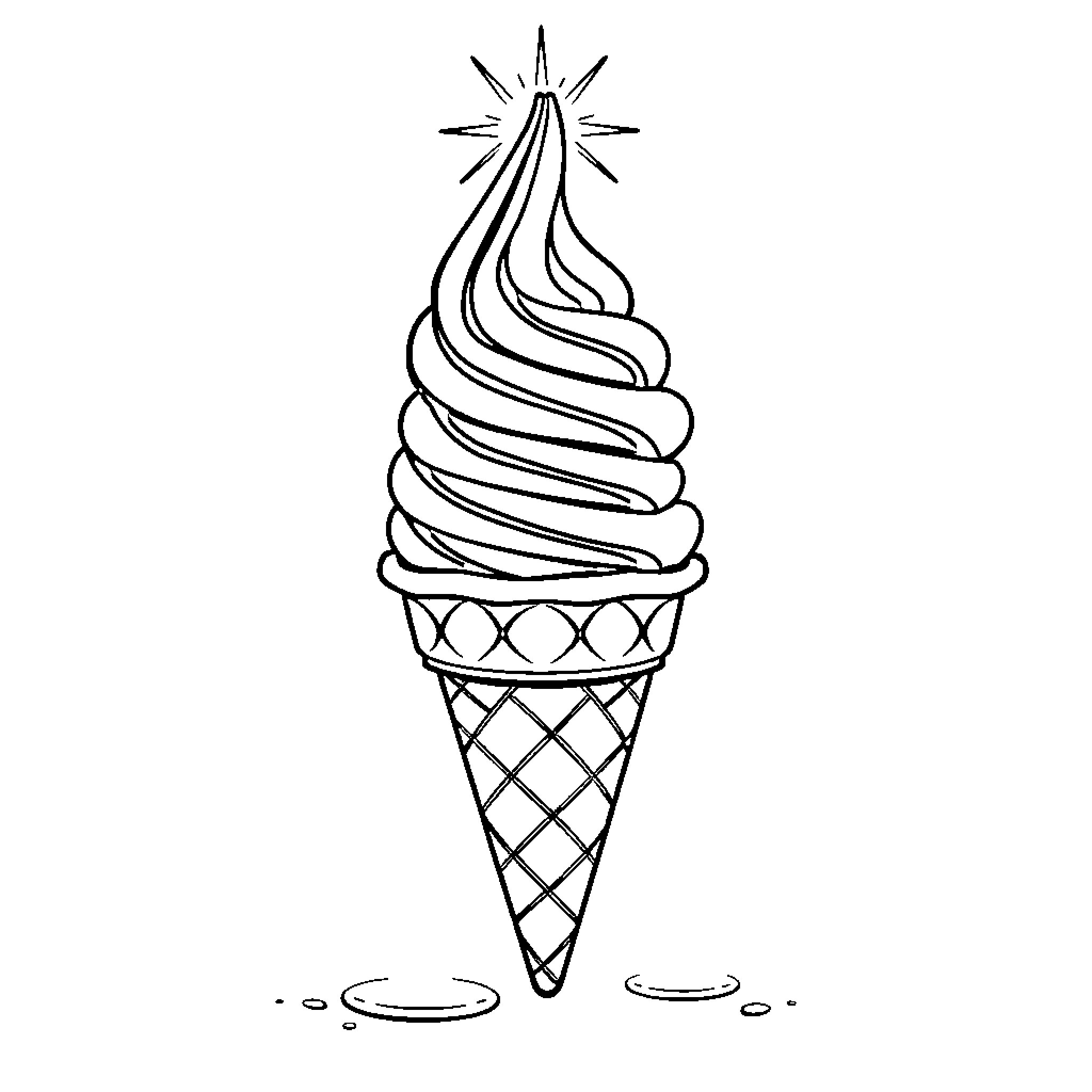Ice Cream Cone with Swirling Soft Serve Coloring Page (free black-and-white line drawing printable PDF for all, from beginners to advanced learners, including children, teens, adults, and seniors)