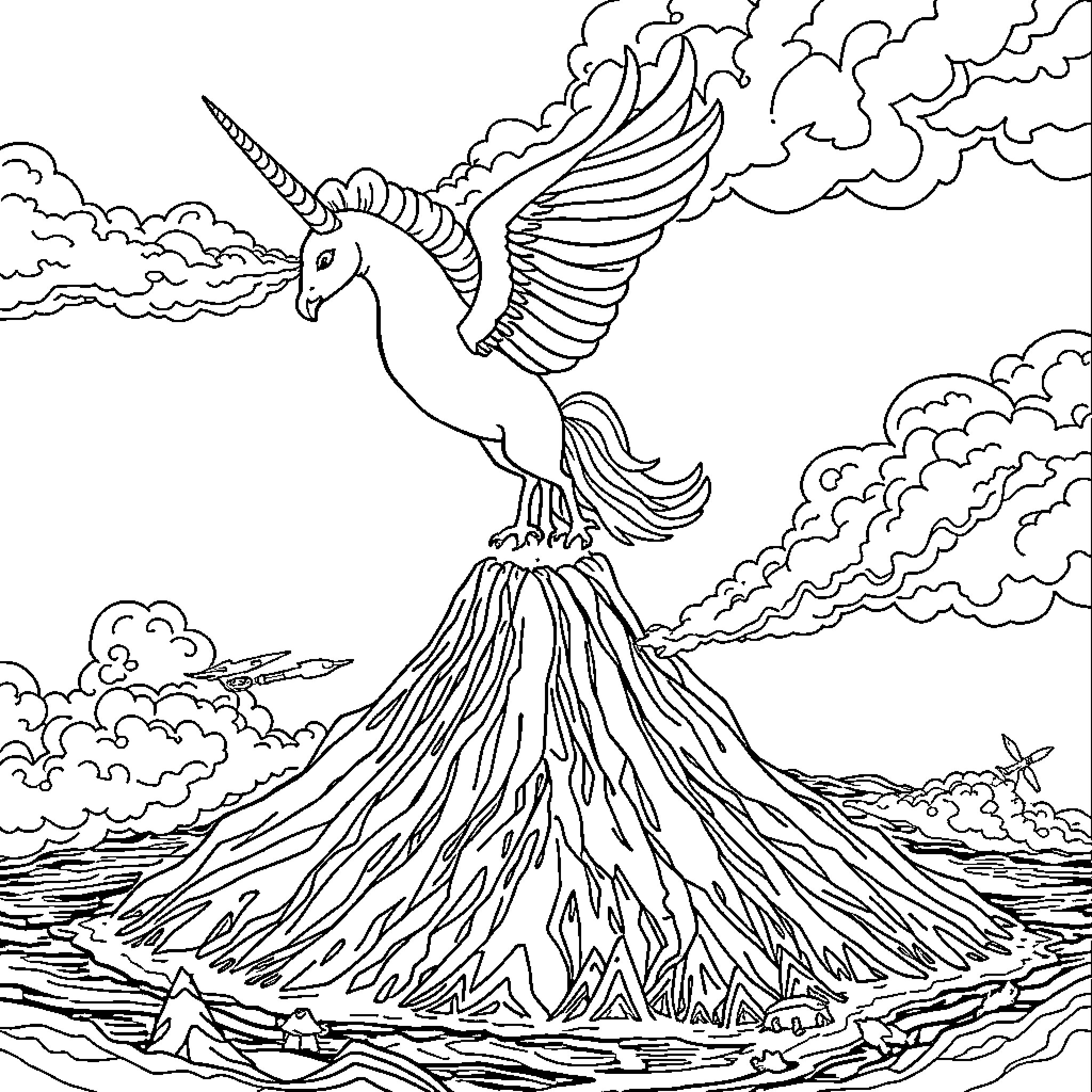 Unicorn soaring above a volcanic eruption Coloring Page (free black-and-white line drawing printable PDF for all, from beginners to advanced learners, including children, teens, adults, and seniors)