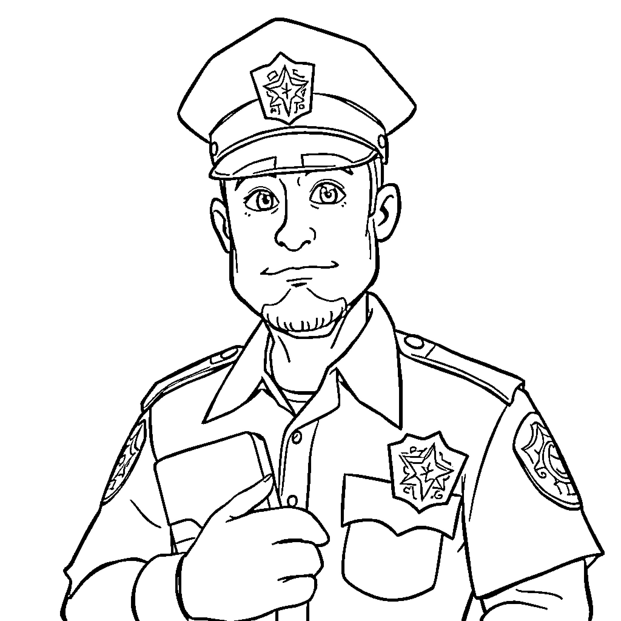 Cop in Uniform with Serious Expression Coloring Page (free black-and-white line drawing printable PDF for all, from beginners to advanced learners, including children, teens, adults, and seniors)