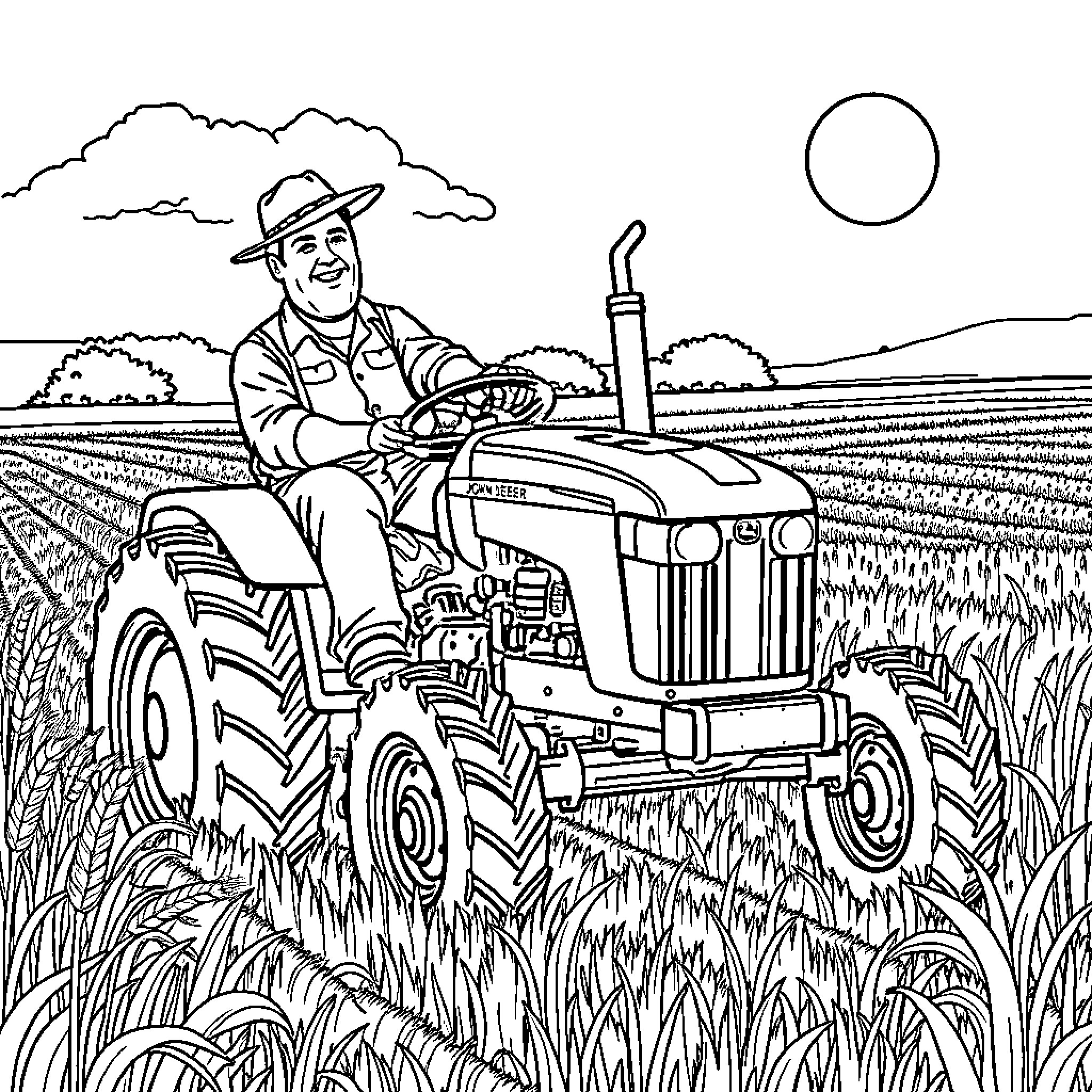 Mr T drives tractor through bountiful countryside Coloring Page (free black-and-white line drawing printable PDF for all, from beginners to advanced learners, including children, teens, adults, and seniors)