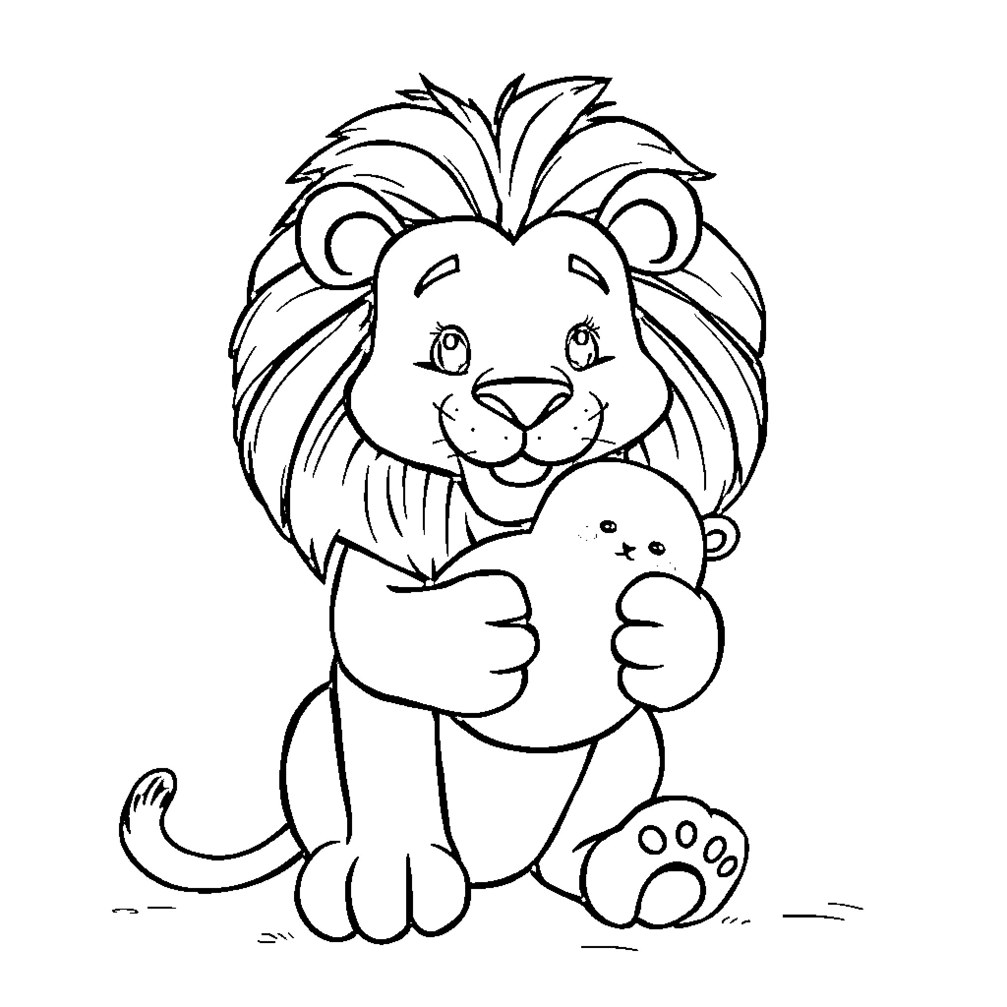 Lion cub playing with small animal Coloring Page (free black-and-white line drawing printable PDF for all, from beginners to advanced learners, including children, teens, adults, and seniors)