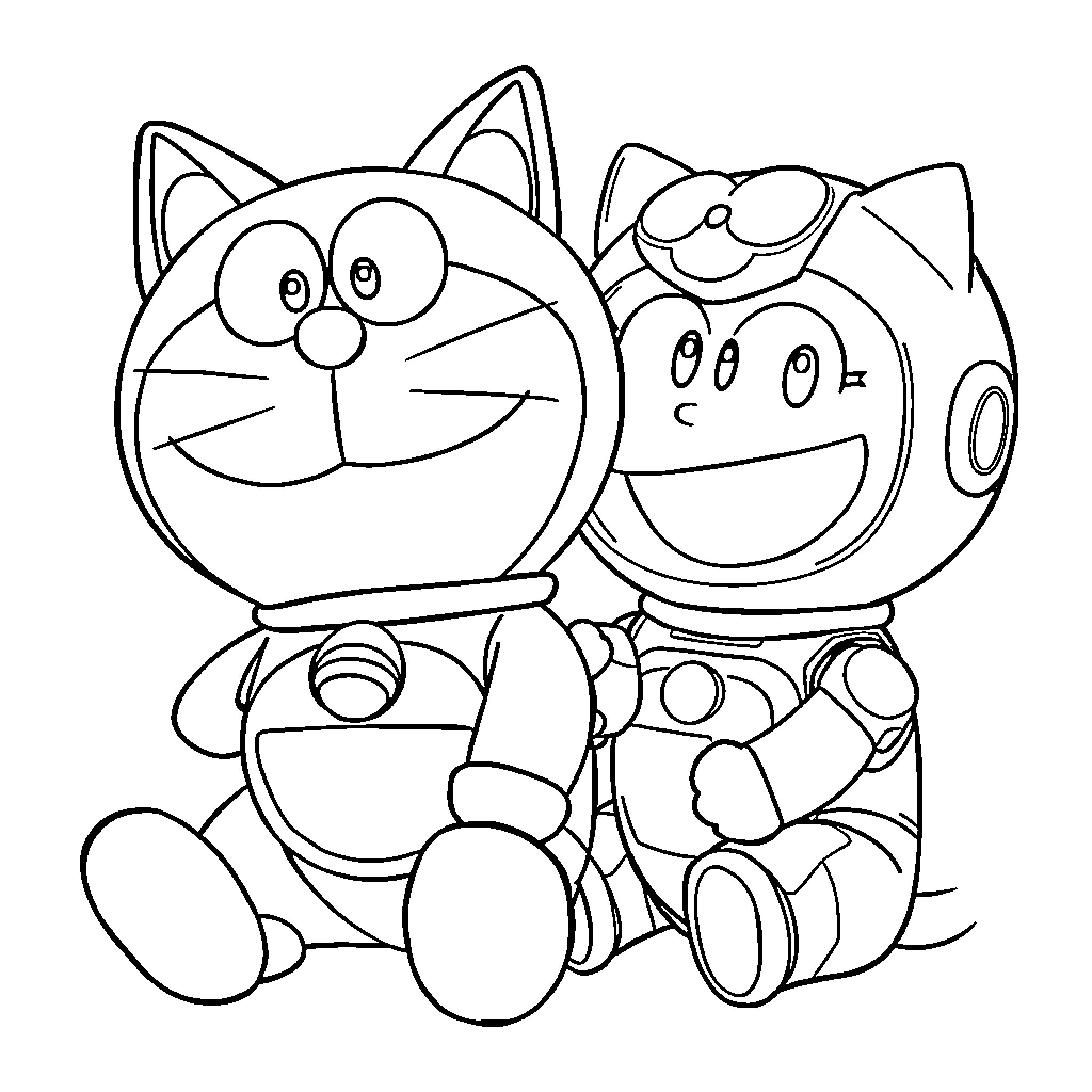 Doraemon and his Friend in Playful Pose Coloring Page (free black-and-white line drawing printable PDF for all, from beginners to advanced learners, including children, teens, adults, and seniors)