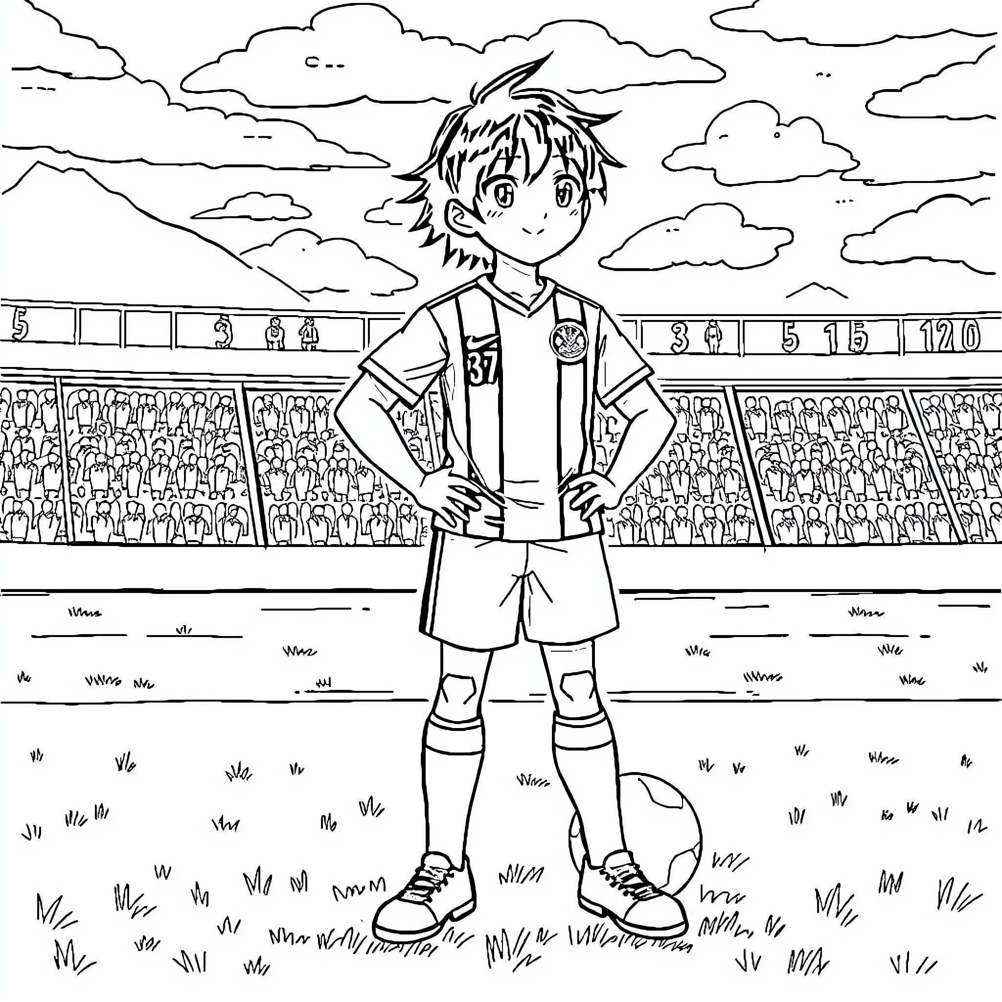 Shidou's Soccer Game Adventure Coloring Page (free black-and-white line drawing printable PDF for all, from beginners to advanced learners, including children, teens, adults, and seniors)