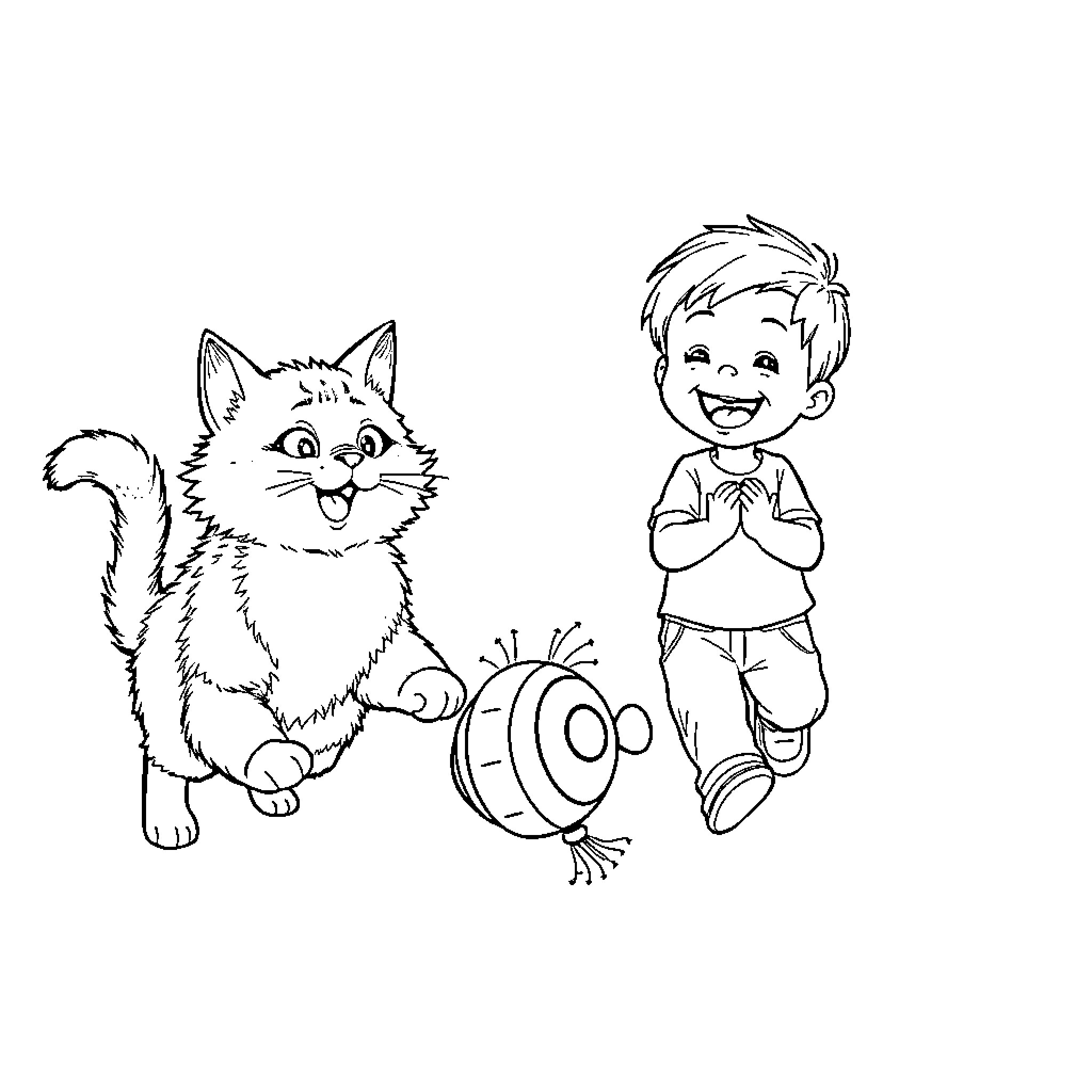 Cat and Boy Playing with Toy Coloring Page (free black-and-white line drawing printable PDF for all, from beginners to advanced learners, including children, teens, adults, and seniors)