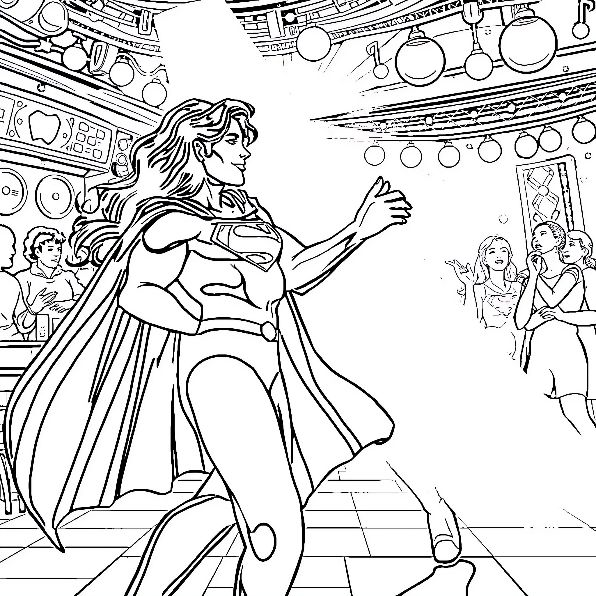 Supergirl in heroic pose at a party Coloring Page (free black-and-white line drawing printable PDF for all, from beginners to advanced learners, including children, teens, adults, and seniors)