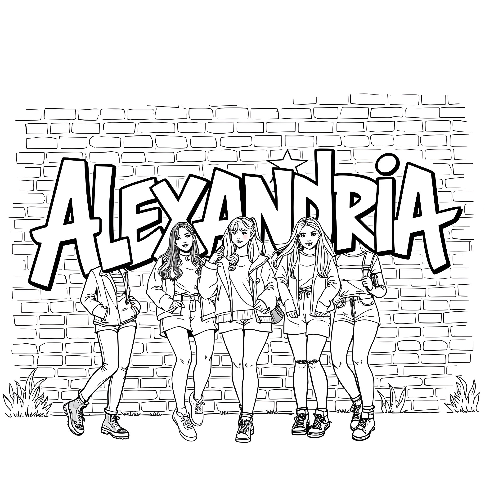 Alexandria: Group of Stylish Youths by Graffiti Wall Coloring Page (free black-and-white line drawing printable PDF for all, from beginners to advanced learners, including children, teens, adults, and seniors)
