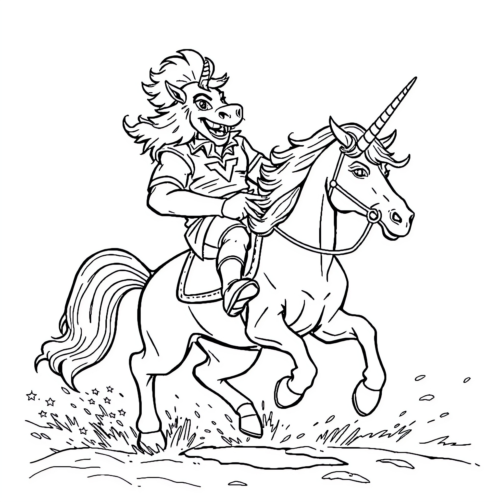 Hokie Unicorn Rider Galloping Through the Meadow Coloring Page (free black-and-white line drawing printable PDF for all, from beginners to advanced learners, including children, teens, adults, and seniors)