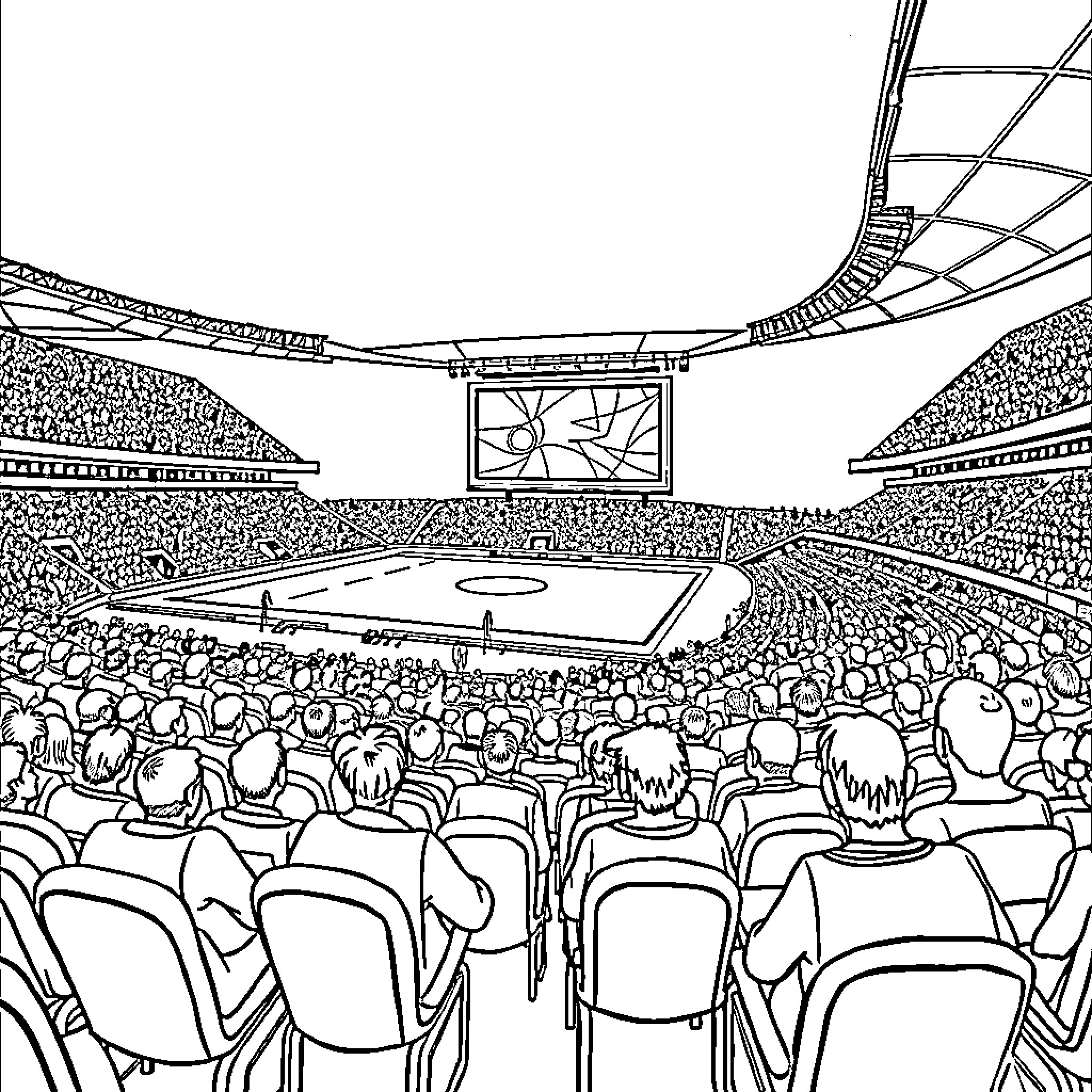 Stadium filled with spectators watching an event Coloring Page (free black-and-white line drawing printable PDF for all, from beginners to advanced learners, including children, teens, adults, and seniors)