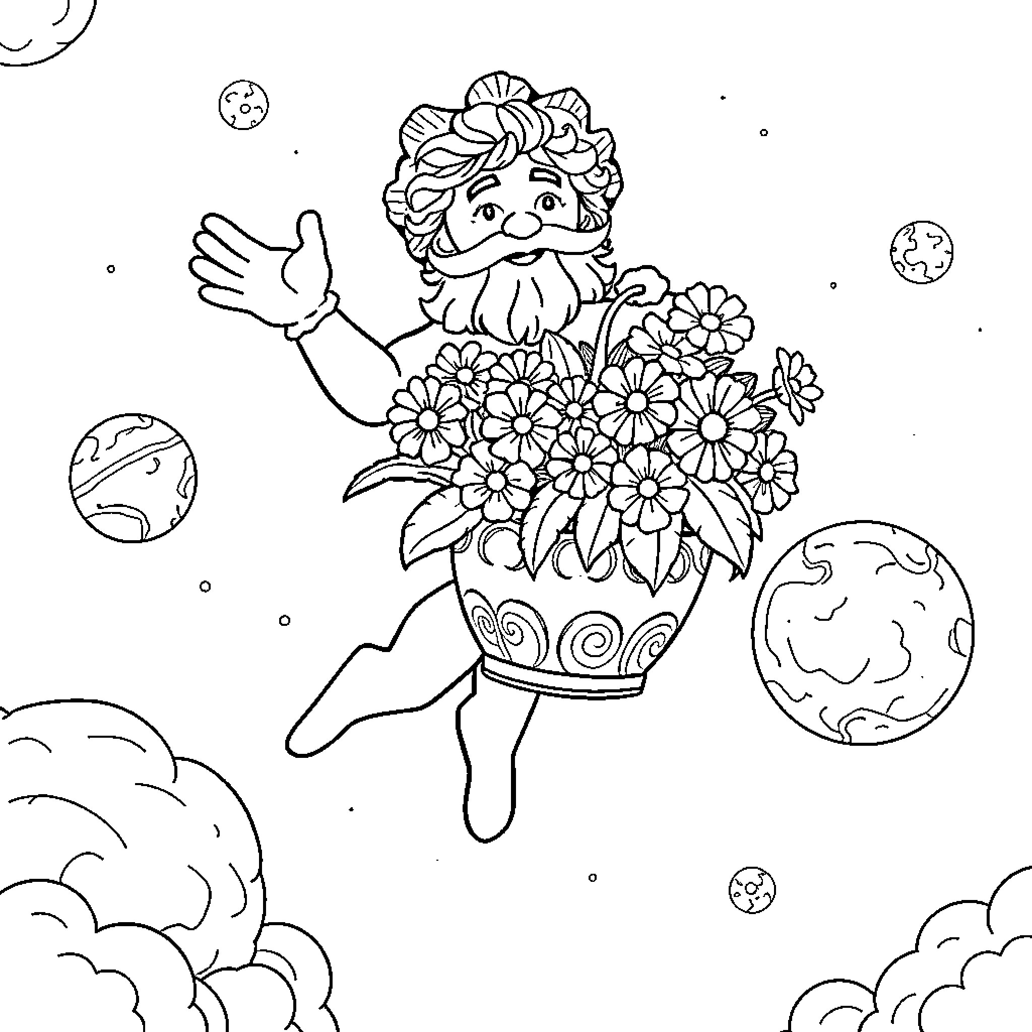 Aristophanes' Whimsical Flower Delivery in the Cosmos Coloring Page (free black-and-white line drawing printable PDF for all, from beginners to advanced learners, including children, teens, adults, and seniors)