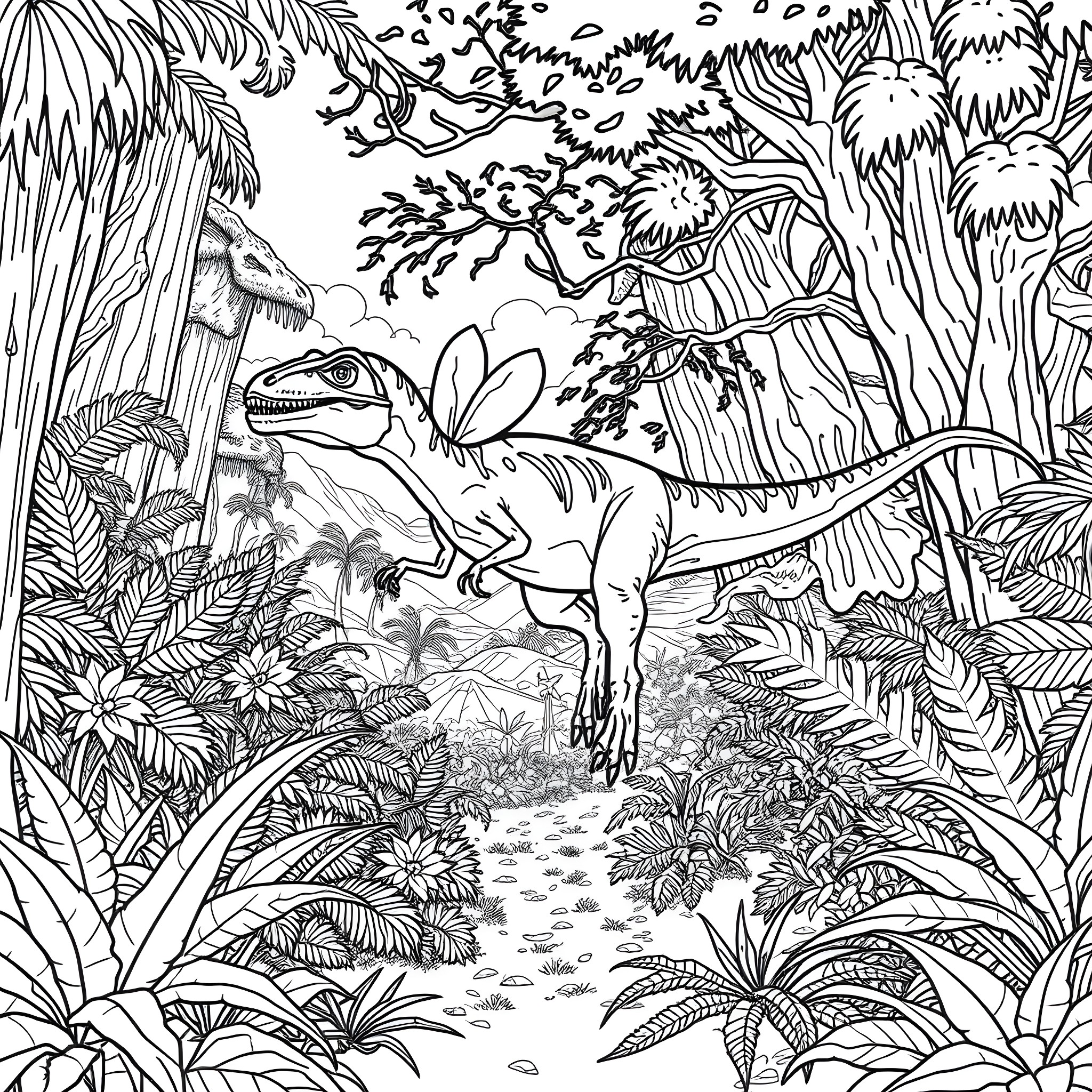 Blue Dinosaur Roaming in Lush Jungle Landscape Coloring Page (free black-and-white line drawing printable PDF for all, from beginners to advanced learners, including children, teens, adults, and seniors)