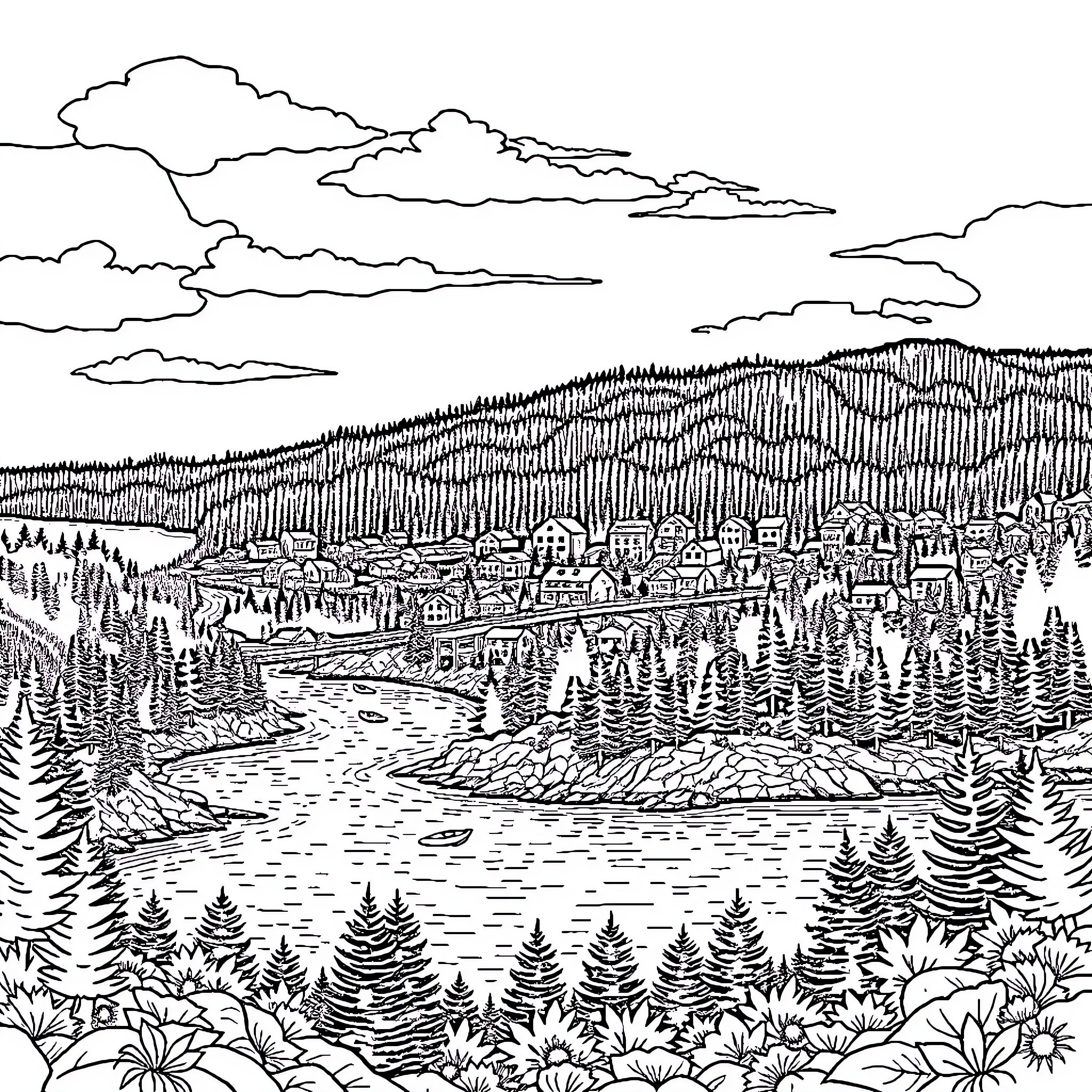 Botwood scenic landscape with trees and buildings Coloring Page (free black-and-white line drawing printable PDF for all, from beginners to advanced learners, including children, teens, adults, and seniors)