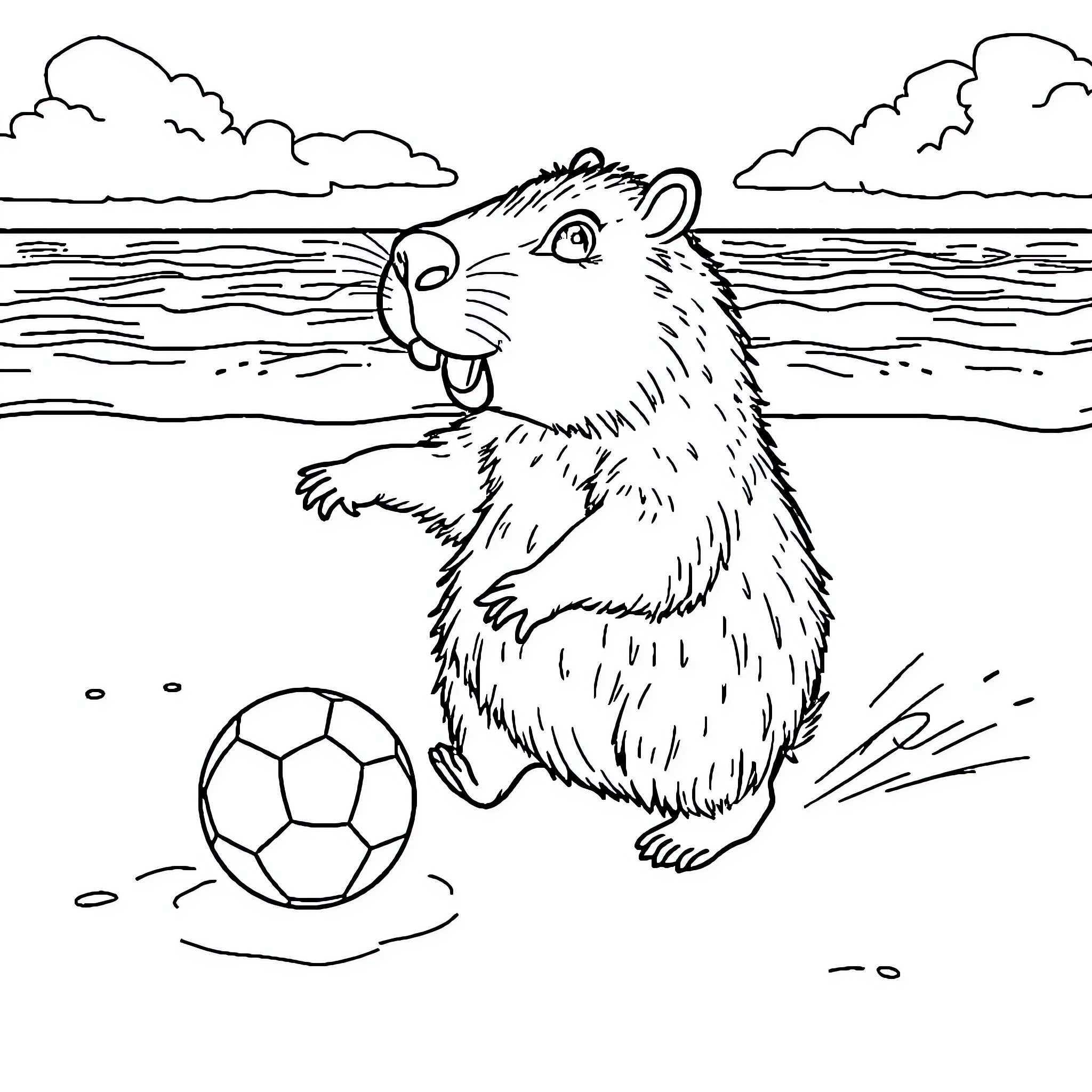 Capybara playing with a soccer ball by the beach Coloring Page (free black-and-white line drawing printable PDF for all, from beginners to advanced learners, including children, teens, adults, and seniors)