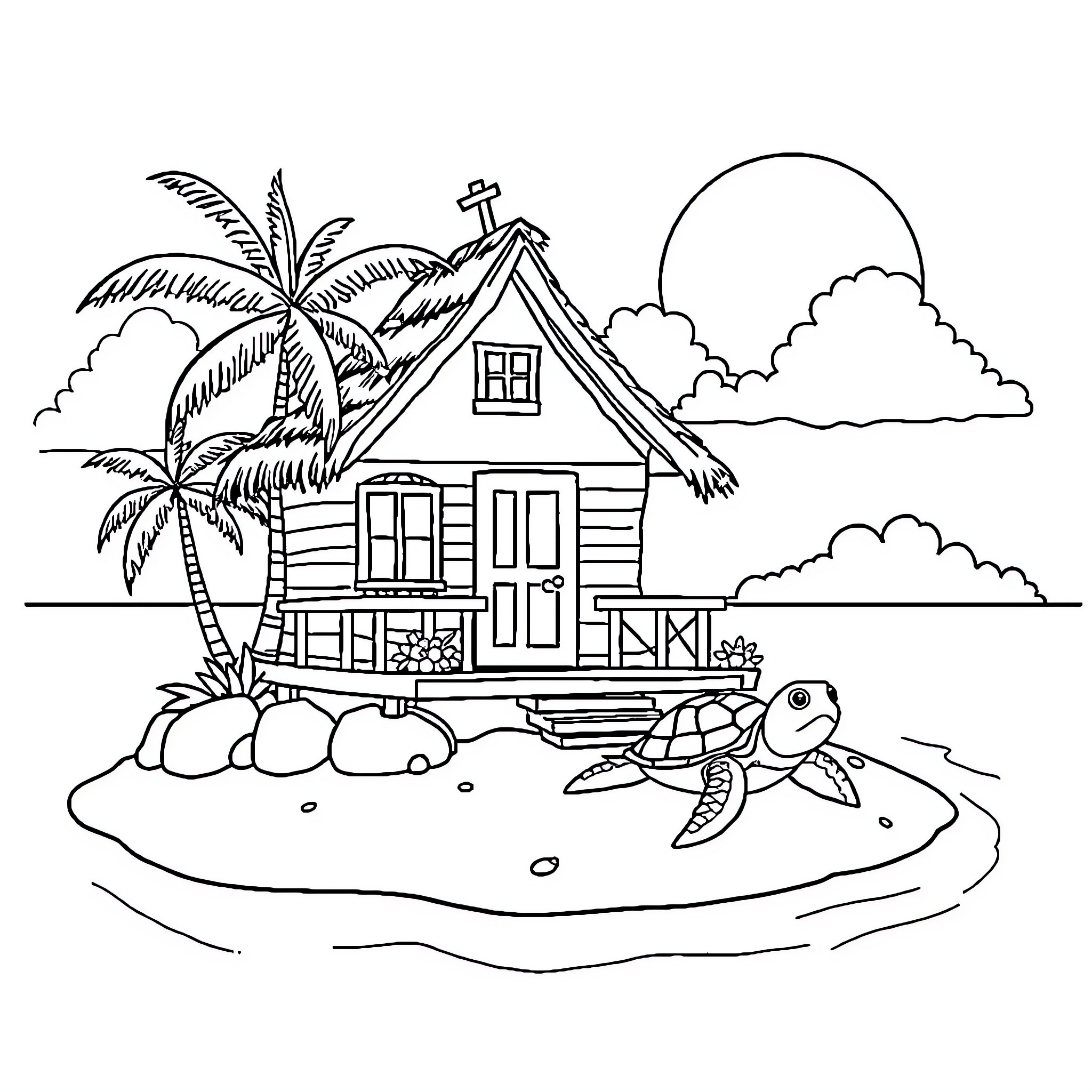 Turtle enjoying tropical beach near beach house Coloring Page (free black-and-white line drawing printable PDF for all, from beginners to advanced learners, including children, teens, adults, and seniors)