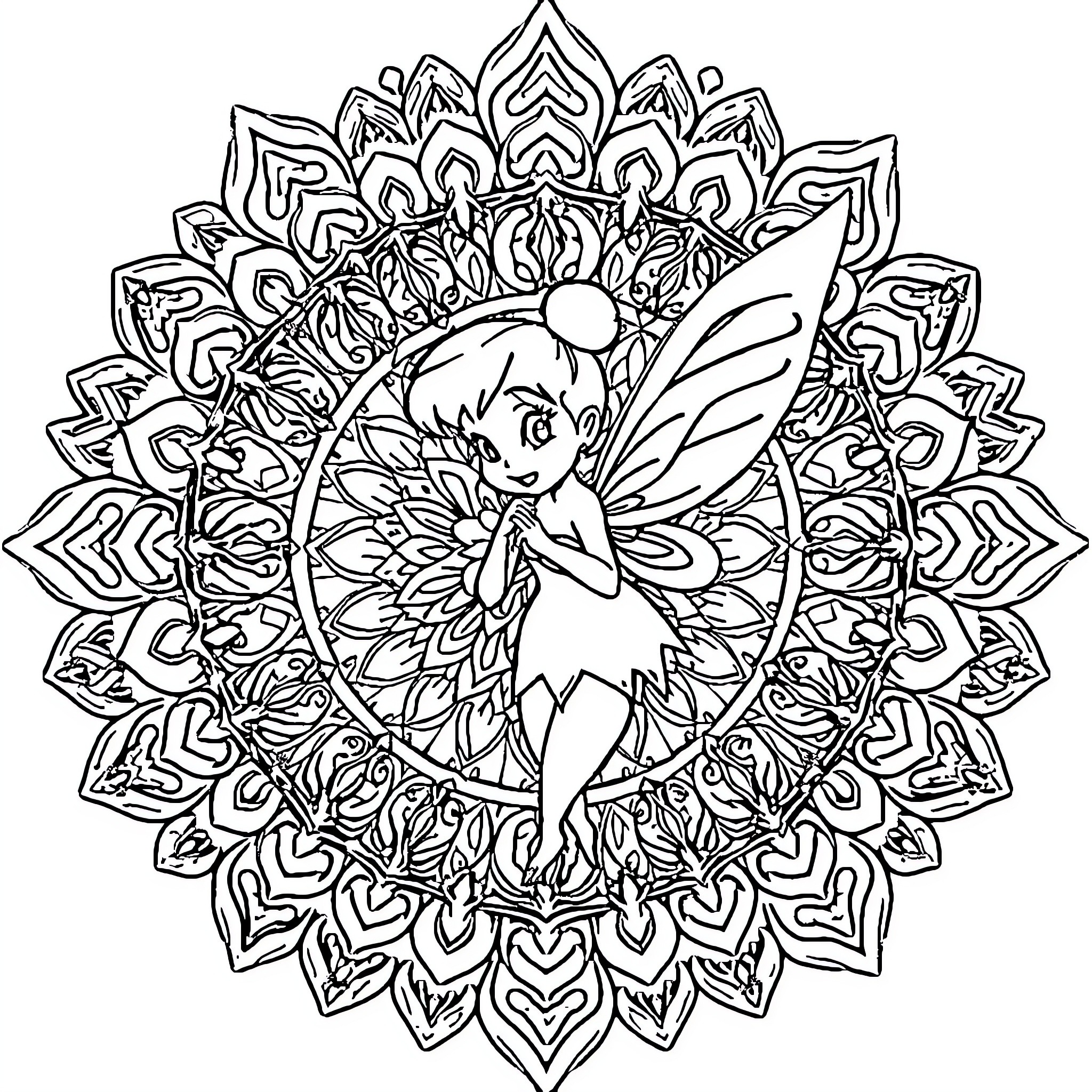 Tinkerbell's Enchanting Mandala Coloring Page (free black-and-white line drawing printable PDF for all, from beginners to advanced learners, including children, teens, adults, and seniors)