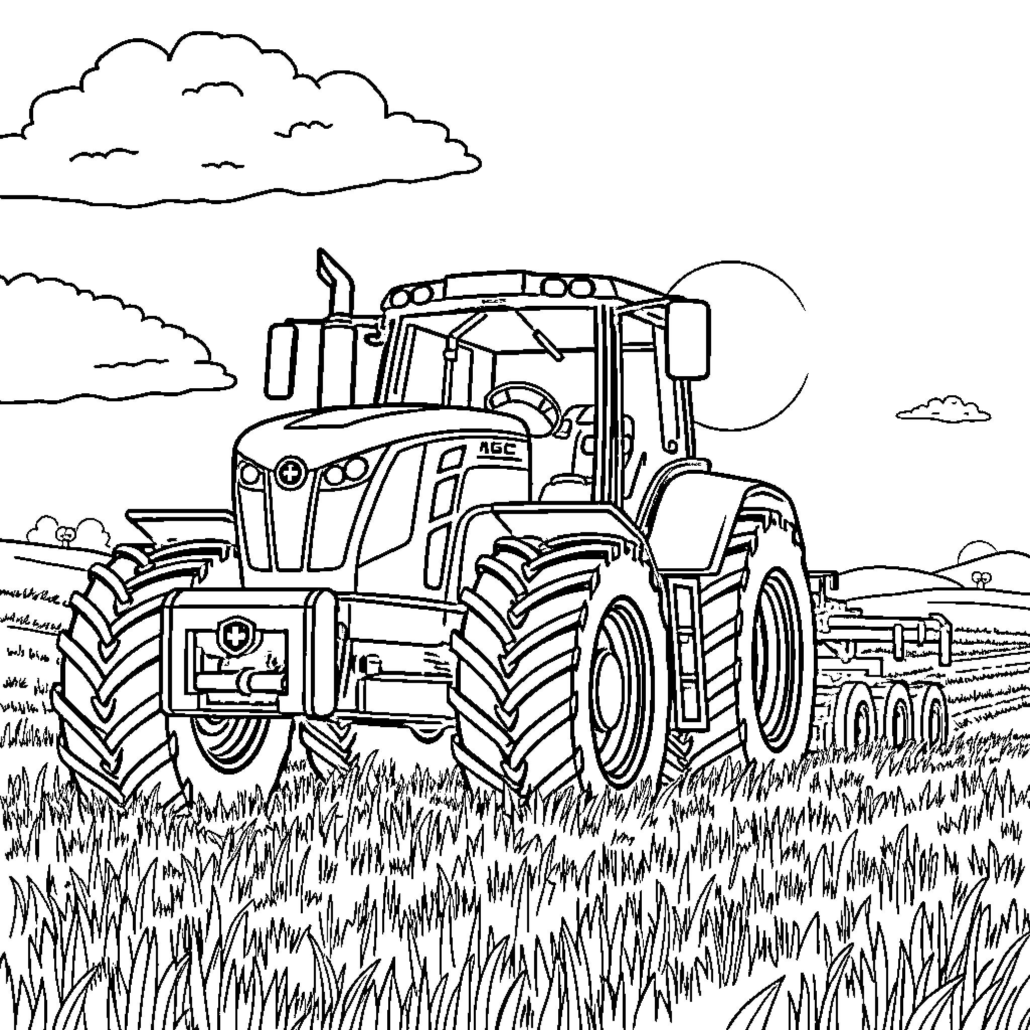 Tractor plowing through field under cloudy sky Coloring Page (free black-and-white line drawing printable PDF for all, from beginners to advanced learners, including children, teens, adults, and seniors)