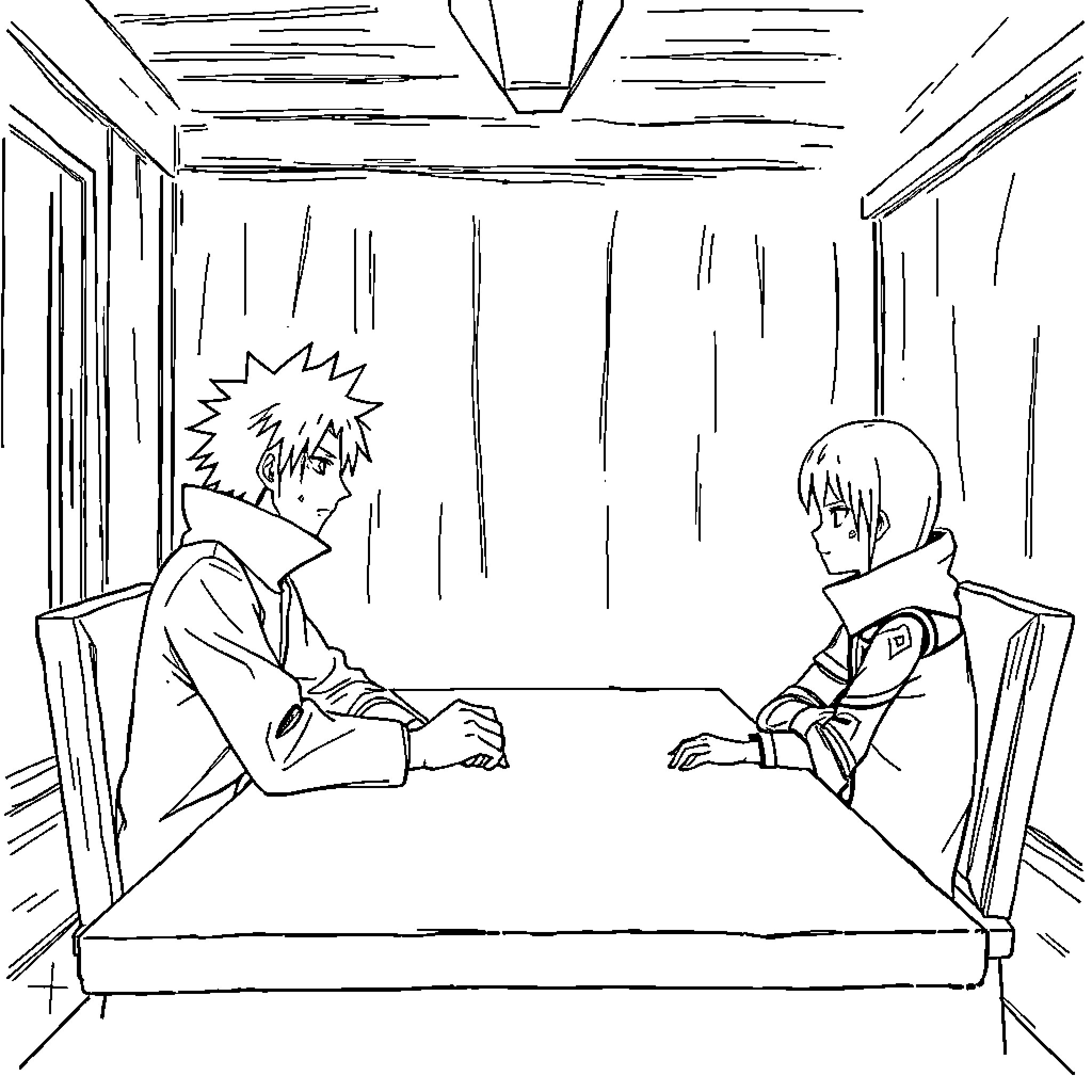 Obito's Intense Conversation in the Dark Room Coloring Page (free black-and-white line drawing printable PDF for all, from beginners to advanced learners, including children, teens, adults, and seniors)