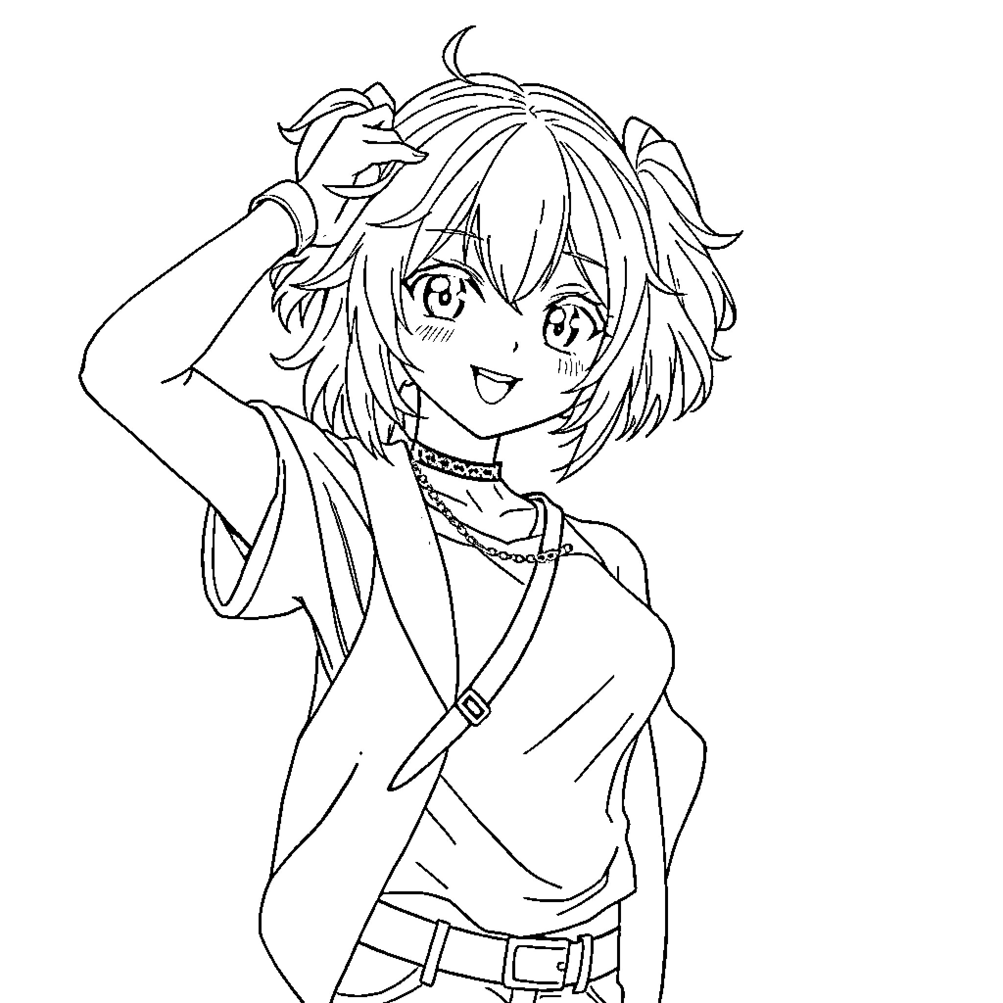 Anime Femboy Happily Adjusting Hairstyle Coloring Page (free black-and-white line drawing printable PDF for all, from beginners to advanced learners, including children, teens, adults, and seniors)
