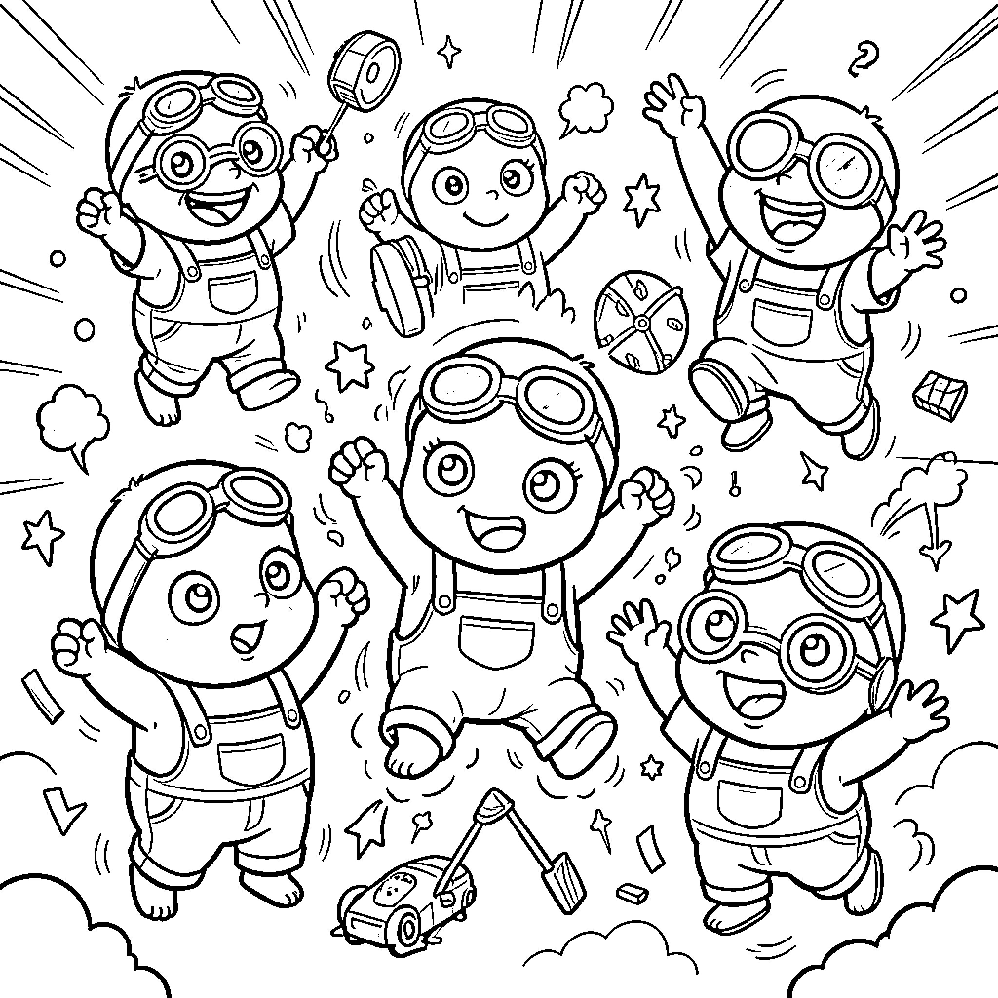 Minions wearing goggles and jumping joyfully together Coloring Page (free black-and-white line drawing printable PDF for all, from beginners to advanced learners, including children, teens, adults, and seniors)