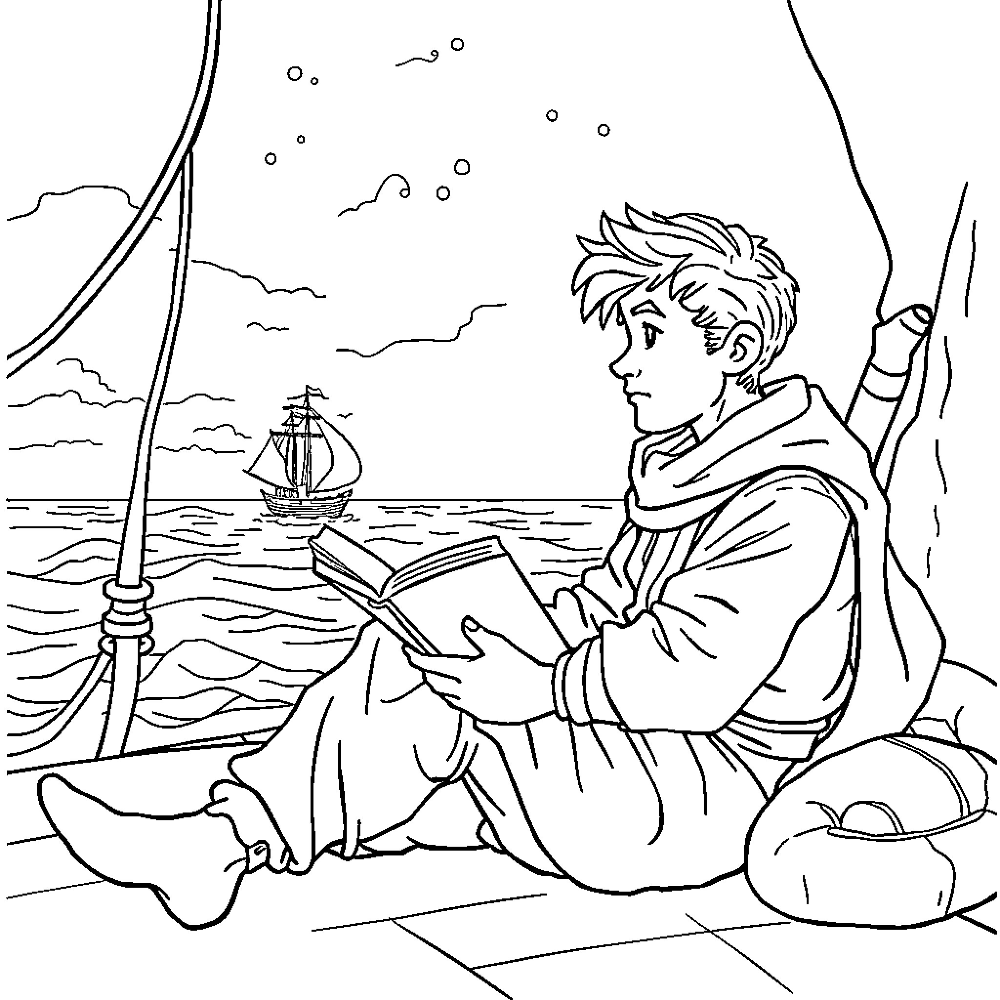 Sailor reads a book on the beach Coloring Page (free black-and-white line drawing printable PDF for all, from beginners to advanced learners, including children, teens, adults, and seniors)