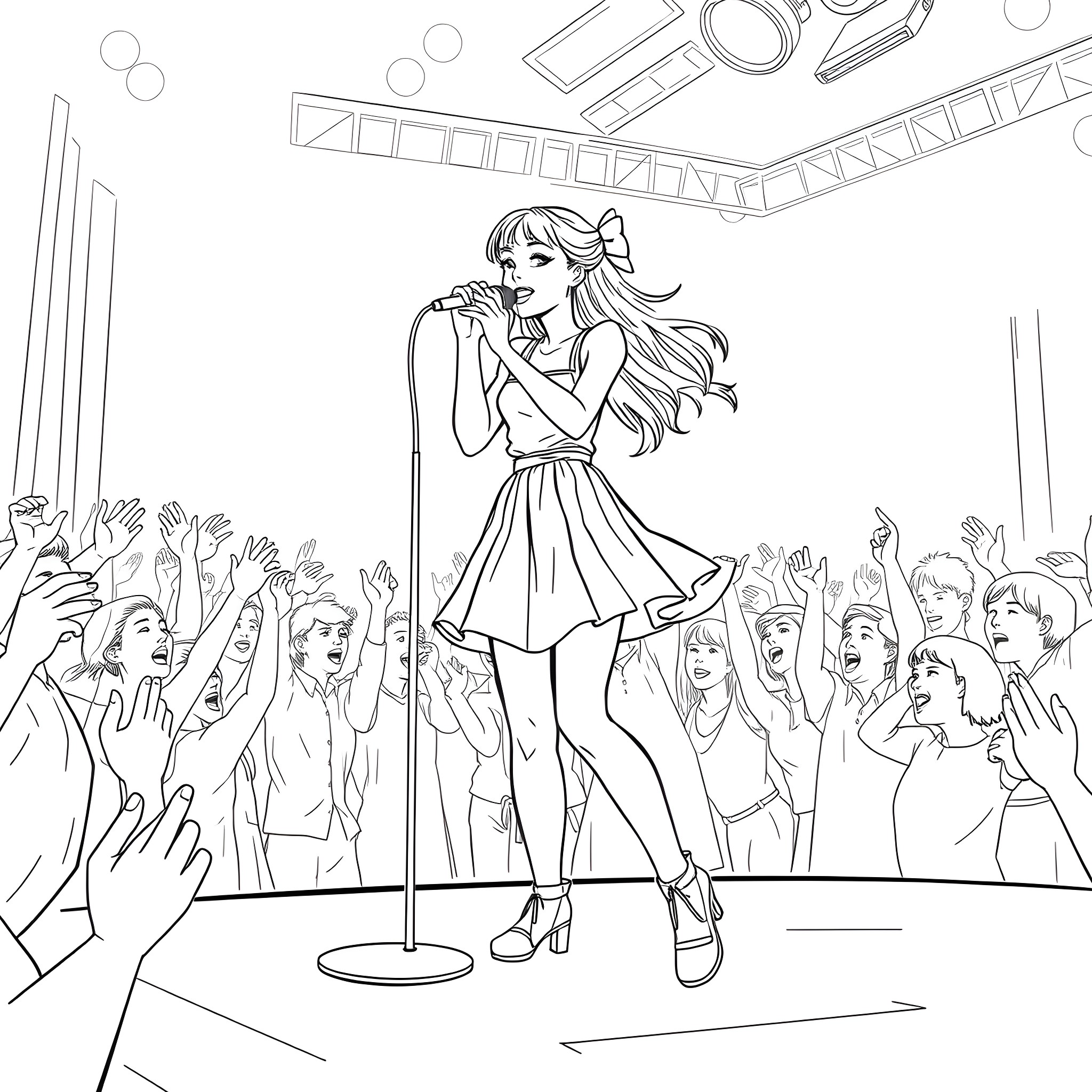 Teen Girl Singing on Stage with Cheering Crowd Coloring Page (free black-and-white line drawing printable PDF for all, from beginners to advanced learners, including children, teens, adults, and seniors)