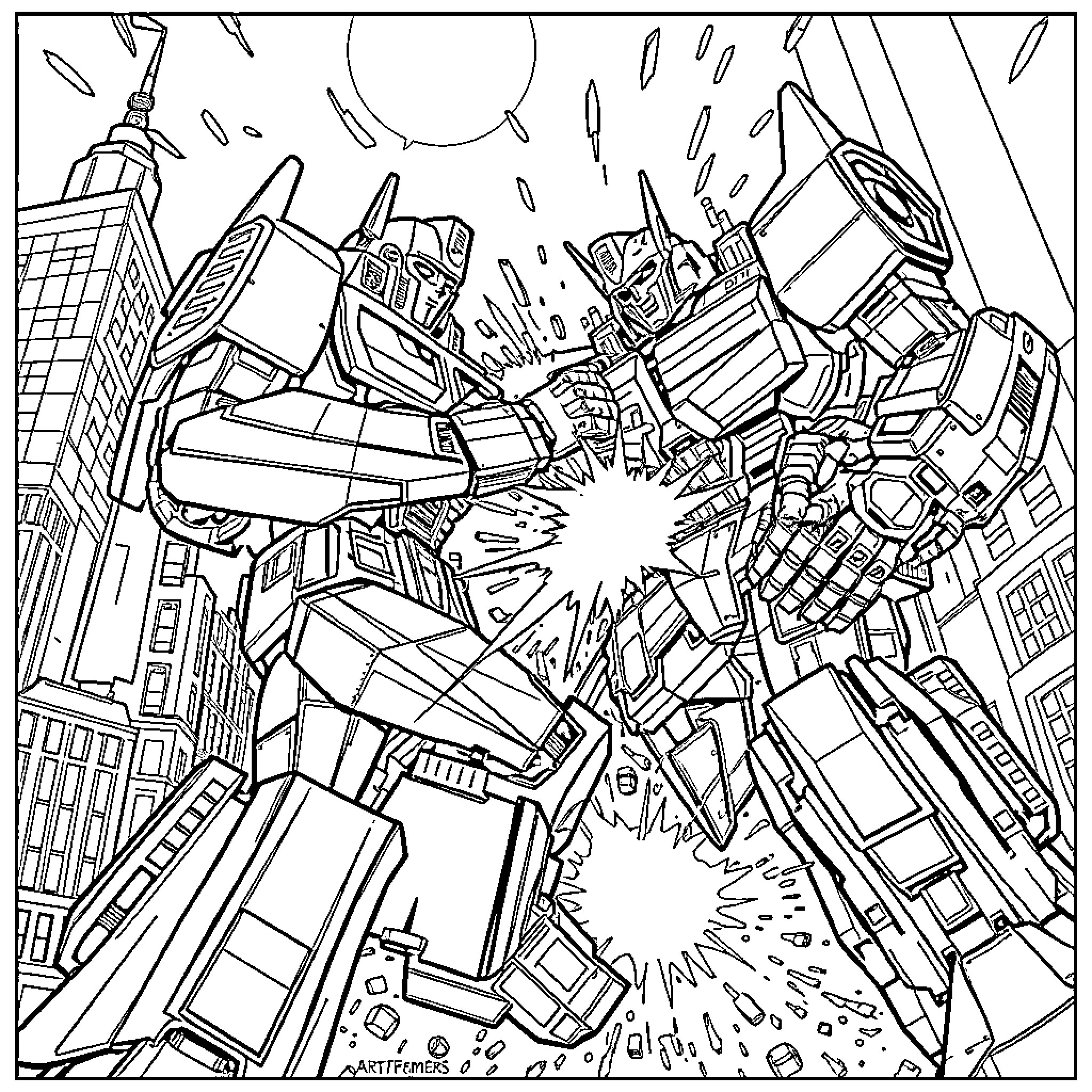 Transformer robot battle in the city Coloring Page (free black-and-white line drawing printable PDF for all, from beginners to advanced learners, including children, teens, adults, and seniors)