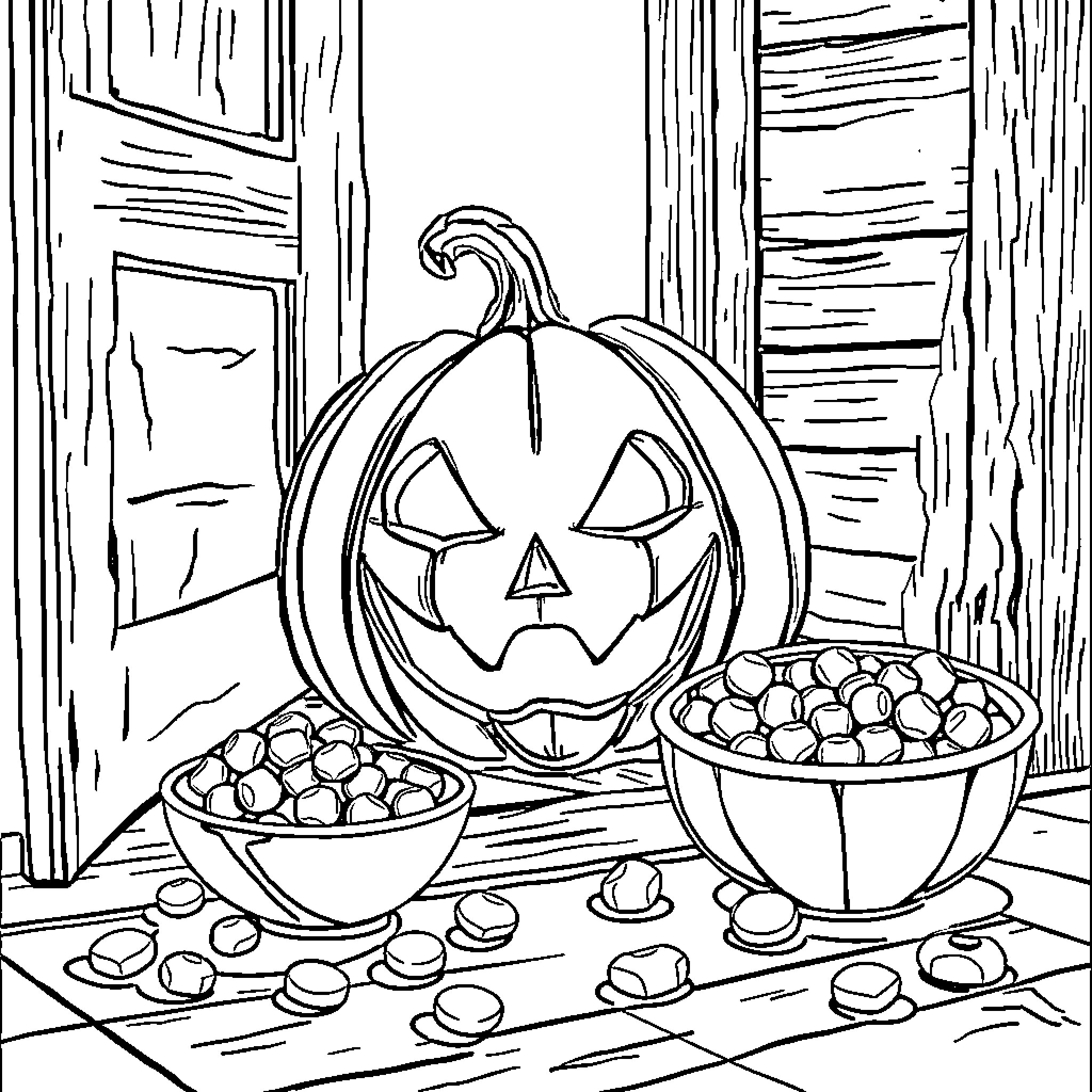Pumpkin Pails and Halloween Treats Coloring Page (free black-and-white line drawing printable PDF for all, from beginners to advanced learners, including children, teens, adults, and seniors)