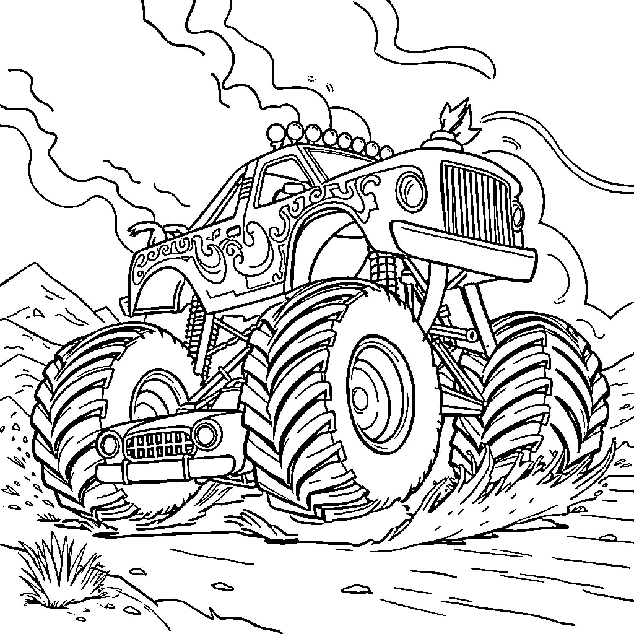 Toro Monster Truck in Wild Terrain Coloring Page (free black-and-white line drawing printable PDF for all, from beginners to advanced learners, including children, teens, adults, and seniors)