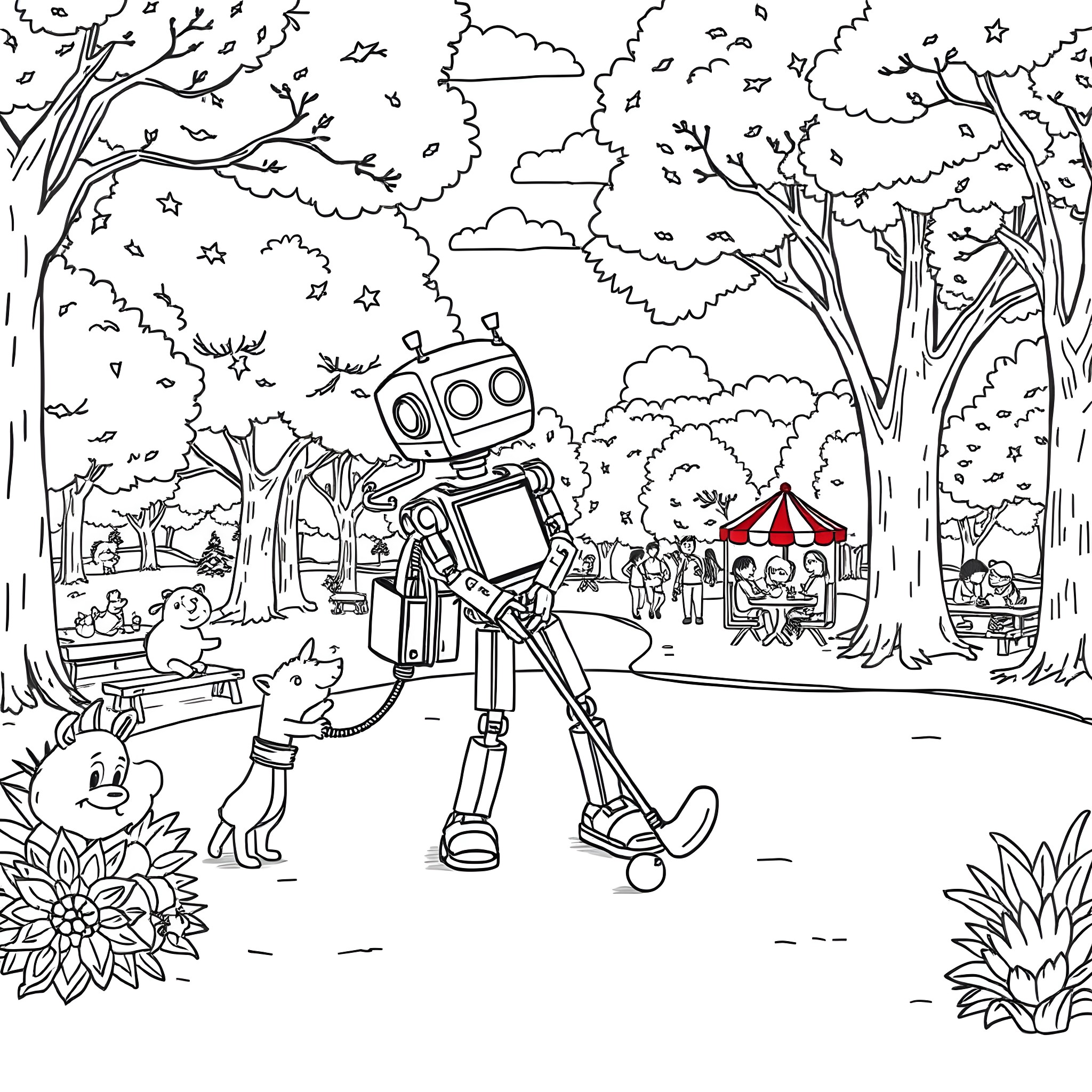 Robot exploring the enchanted forest Coloring Page (free black-and-white line drawing printable PDF for all, from beginners to advanced learners, including children, teens, adults, and seniors)
