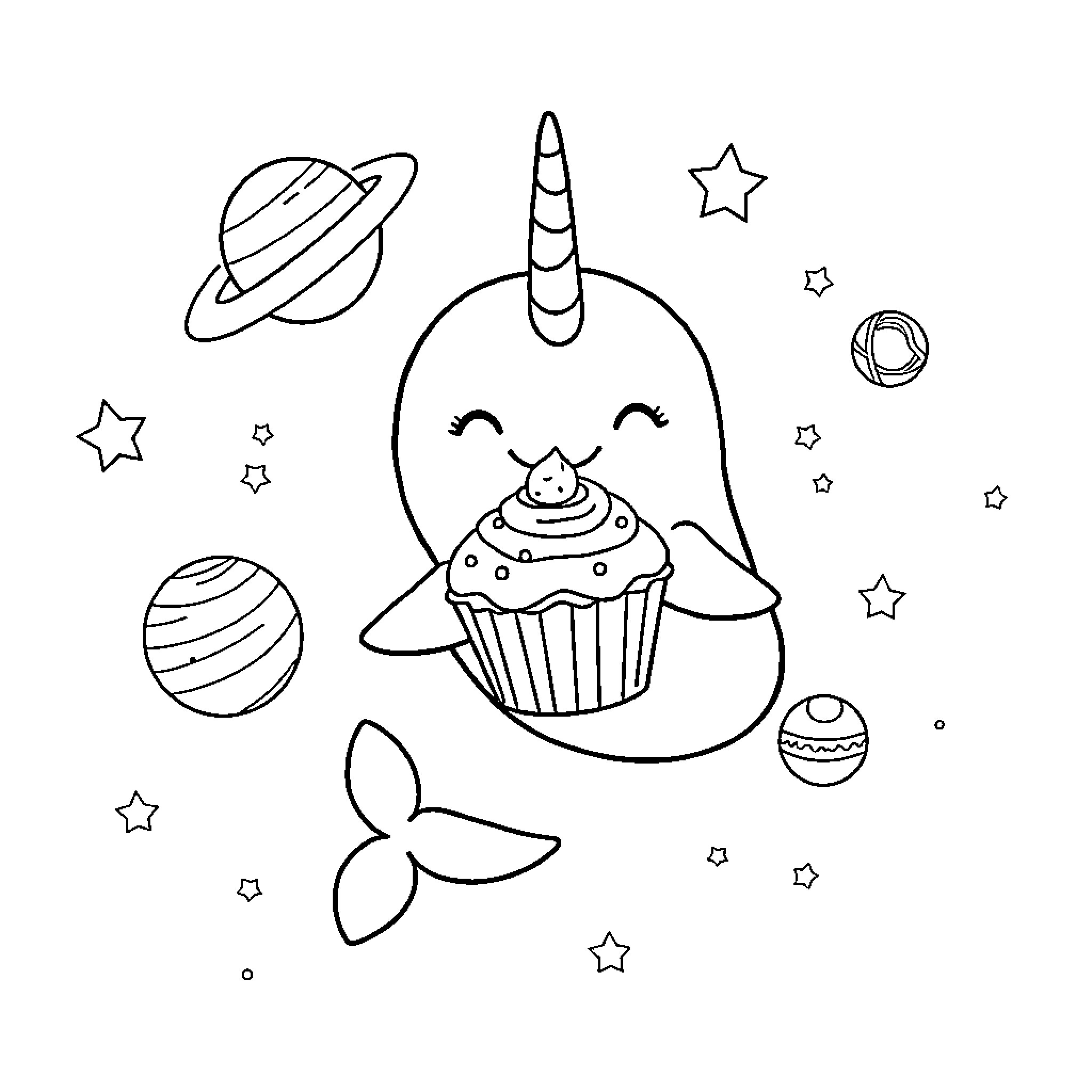 Narwhal enjoying a cosmic cupcake with space friends Coloring Page (free black-and-white line drawing printable PDF for all, from beginners to advanced learners, including children, teens, adults, and seniors)